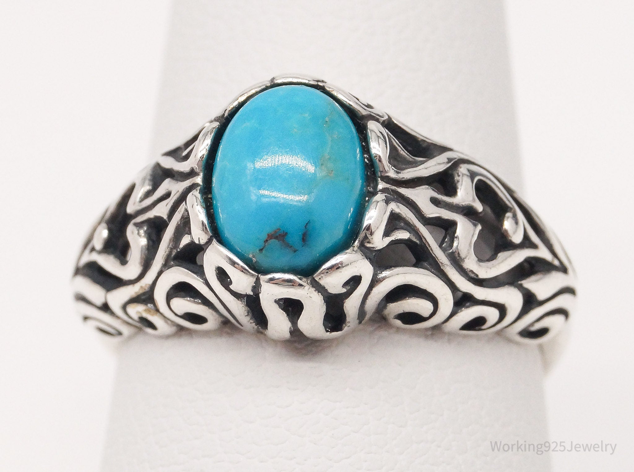 Vintage Blue Turquoise Scroll Swirl Sterling Silver Ring - Size 7.25