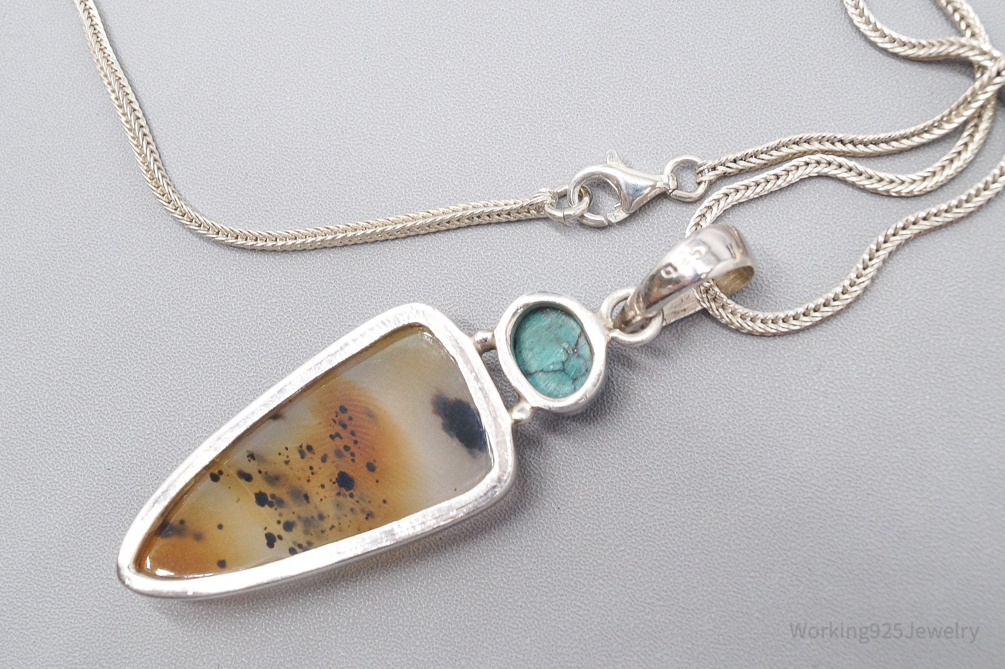 Vintage Agate & Turquoise Sterling Silver Necklace 30"