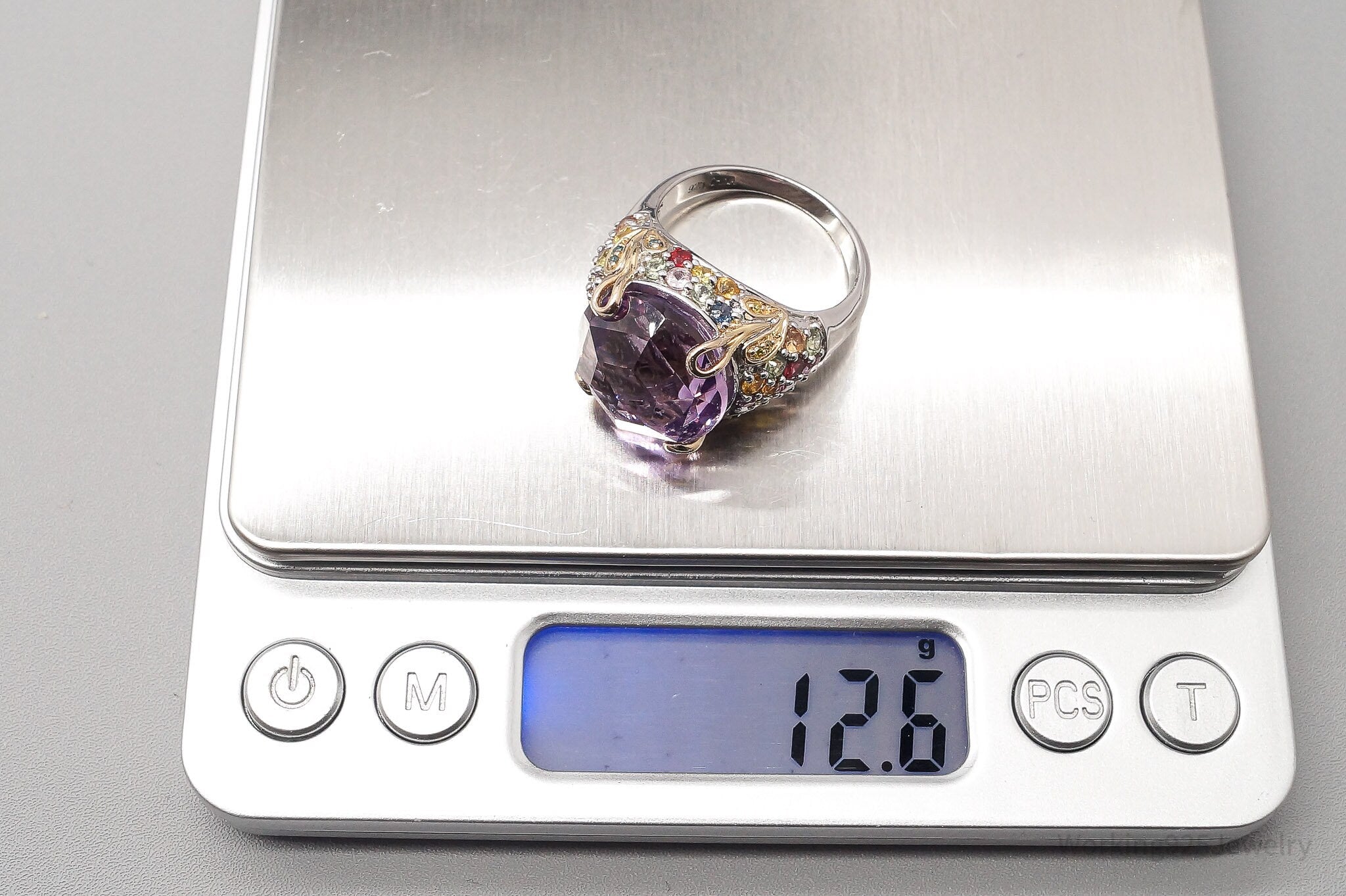 Vintage Large Amethyst Multi Color Sapphire & Diamond Gold Sterling Silver Ring - Size 9.75