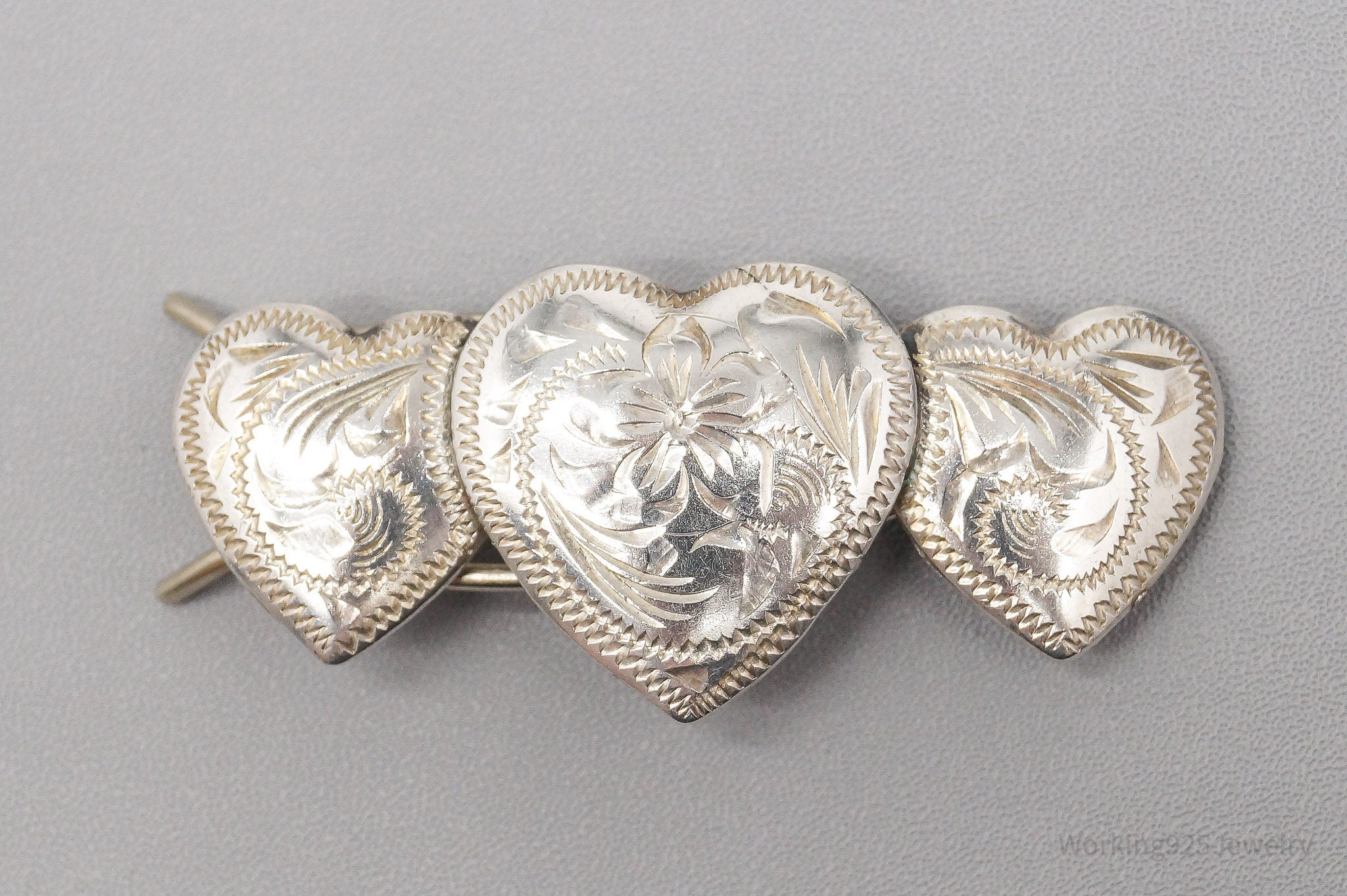 Vintage Floral Etched Hearts Sterling Silver Hair Barrette Clip