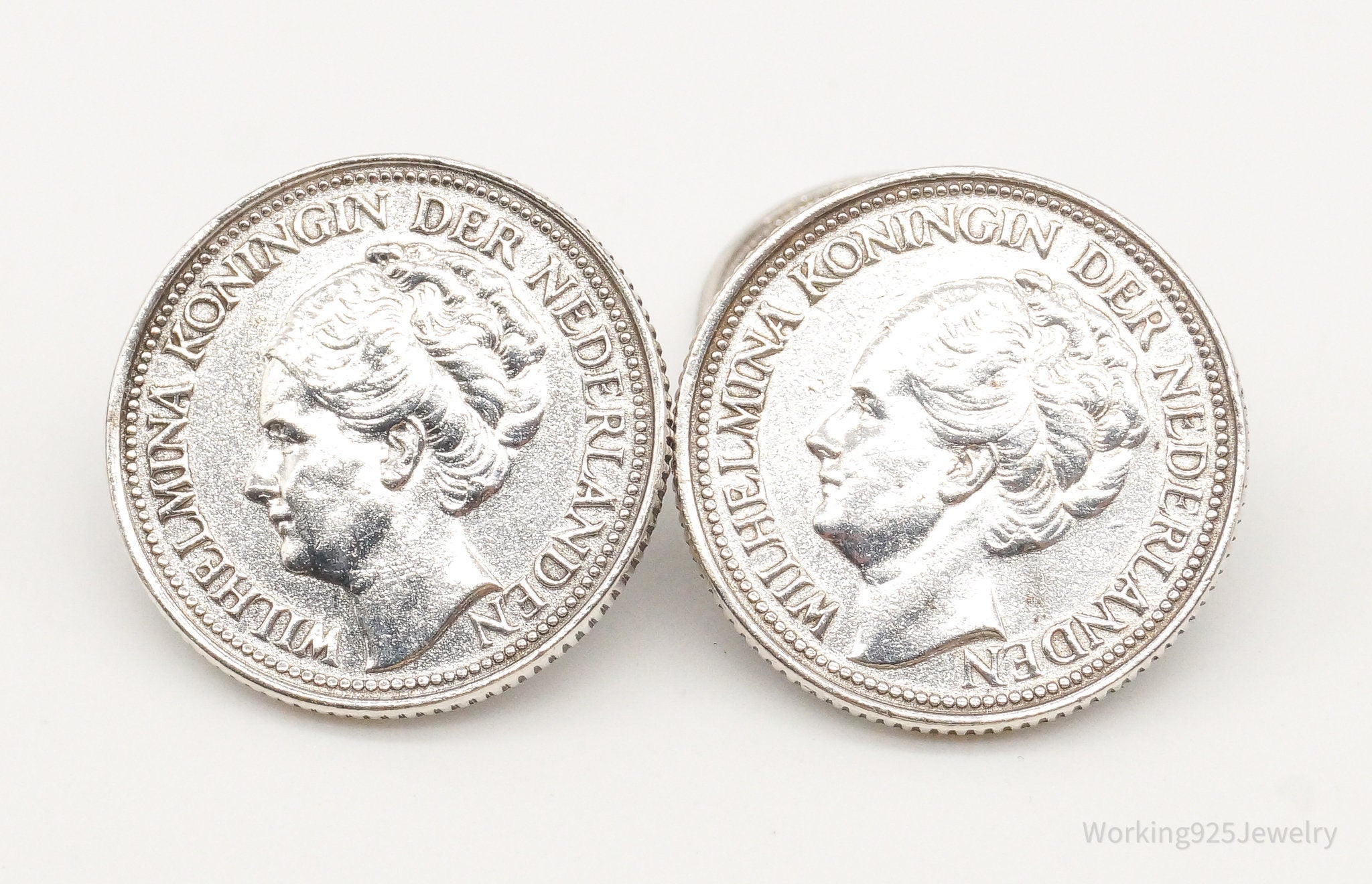 Vintage Wilhelmina Koningin Der Nederlanden Coins Silver Cufflinks