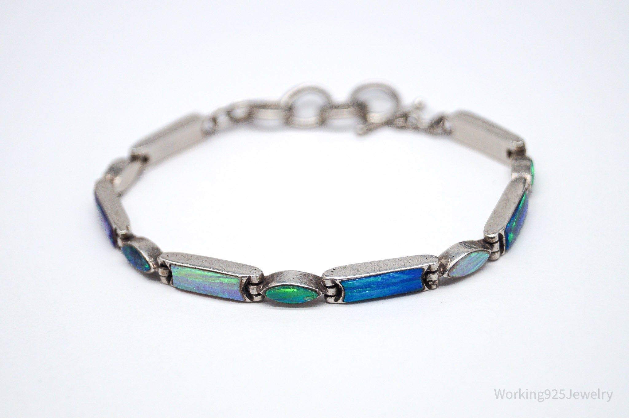 Vintage Opal Inlay Sterling Silver Bracelet - 7.5"