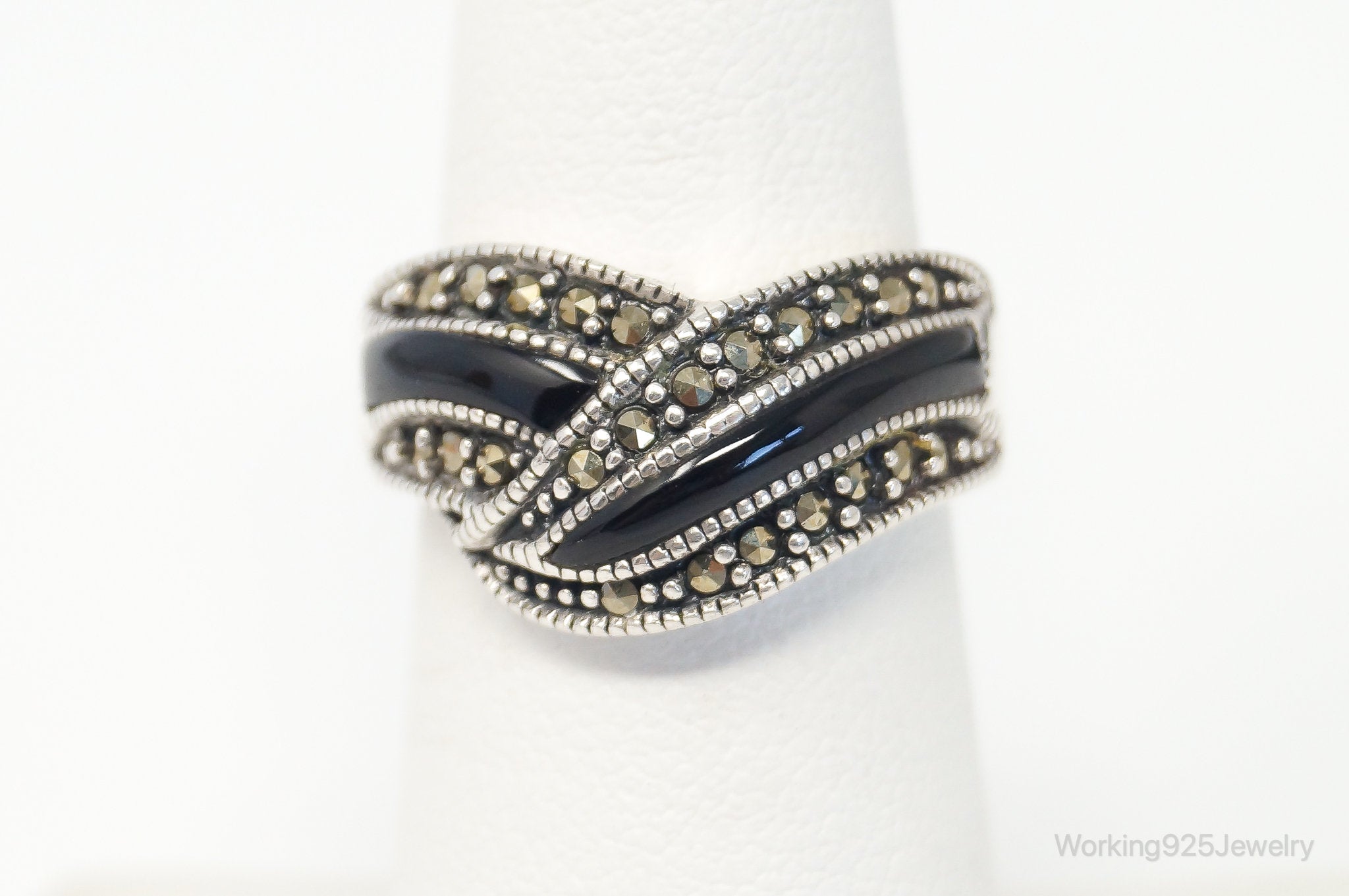 VTG Art Deco Marcasite Black Onyx Sterling Silver Ring - SZ 6