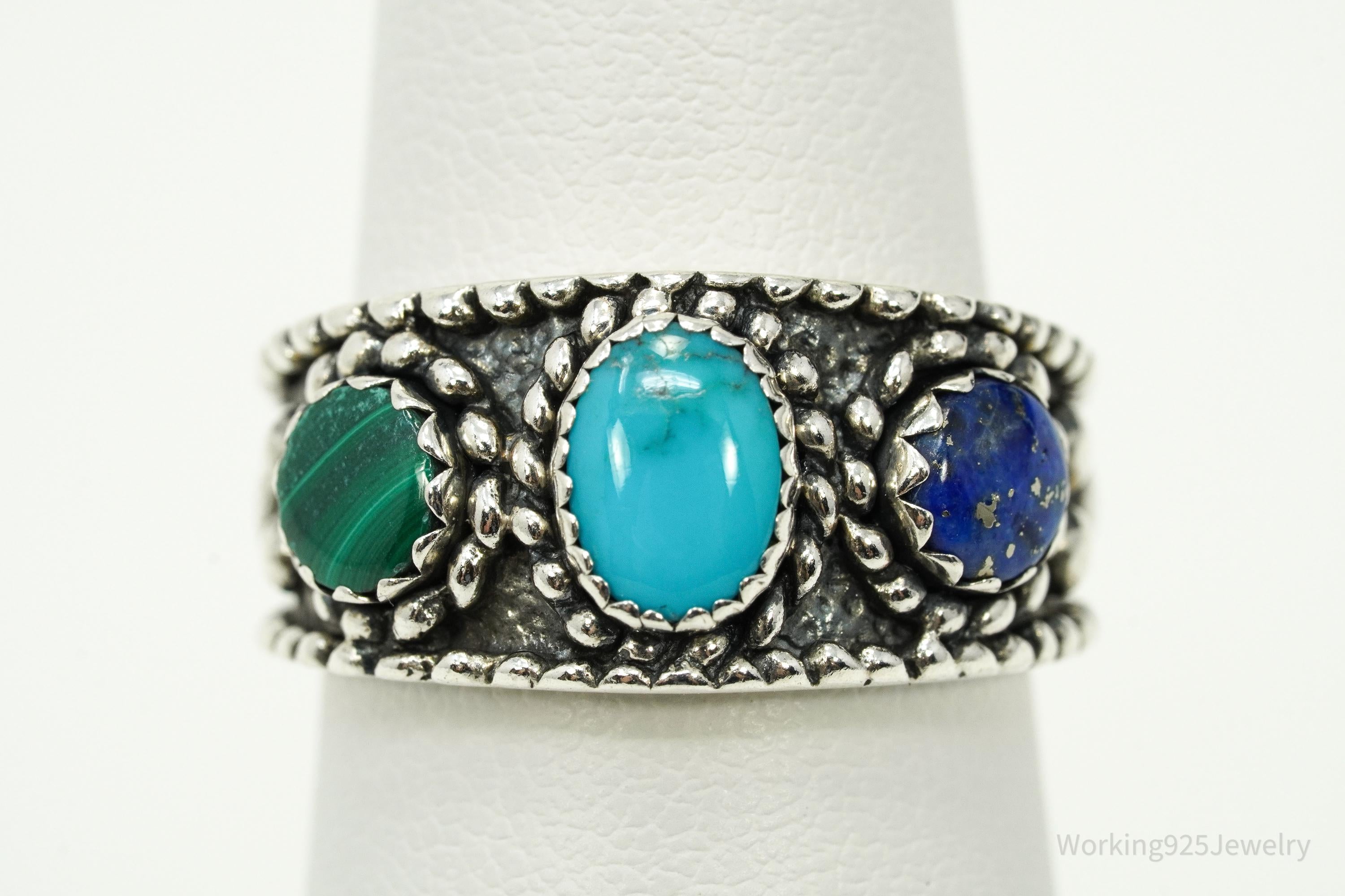 Vintage Native Designer QT Quoc Multi Gem Sterling Silver Ring - Size 6
