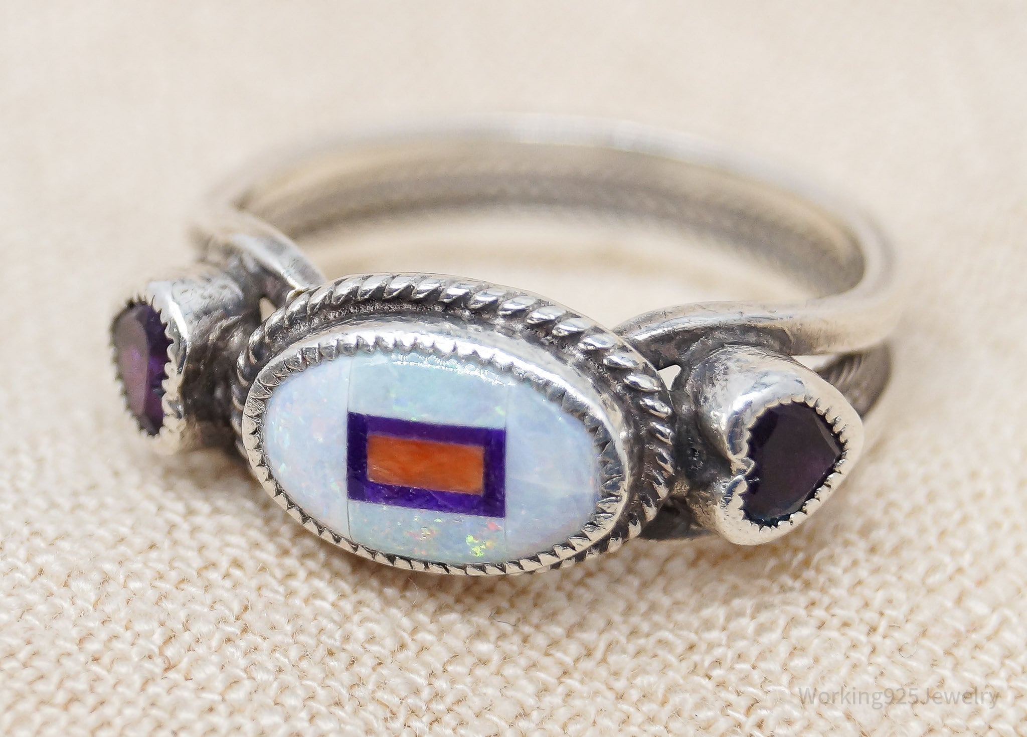 Vintage Native American Multi Gem Inlay Silver Ring - Size 6.75