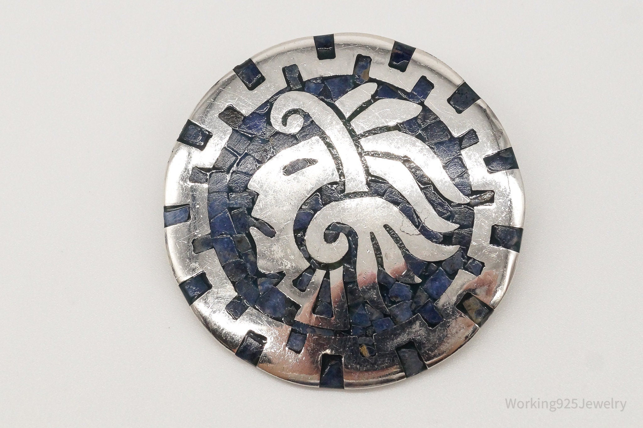 Vintage Mexico Handmade Sodalite Inlay Aztec Sterling Silver Pendant Pin