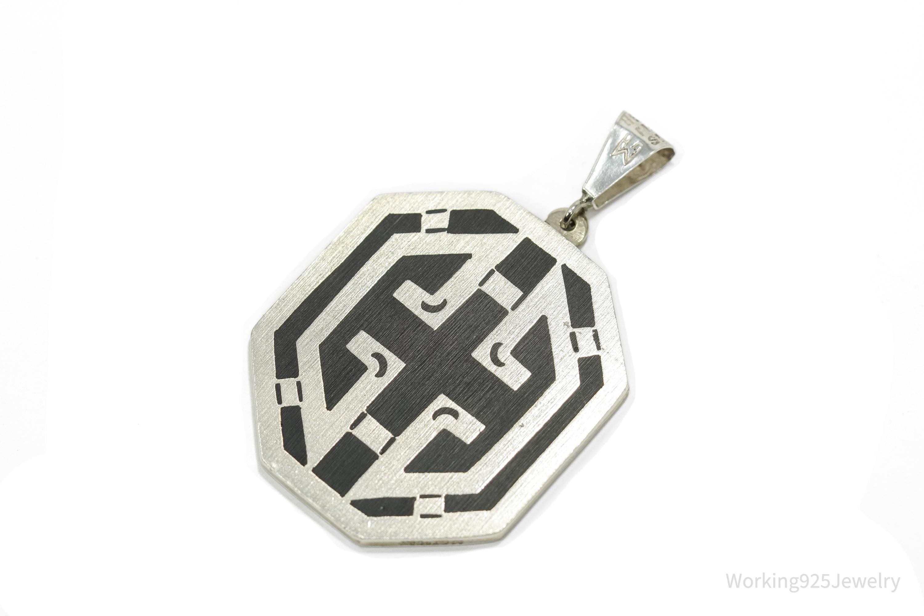 Vintage Large Mexico Inlay Reversible Sterling Silver Necklace Pendant
