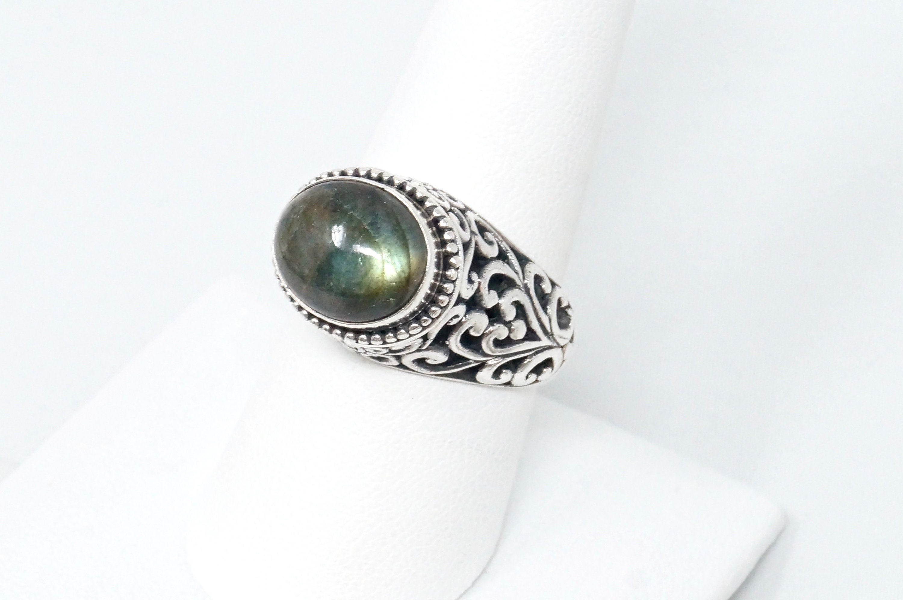 Vintage Large Labradorite Heart Scroll Motif Sterling Silver Statement Ring Sz 9