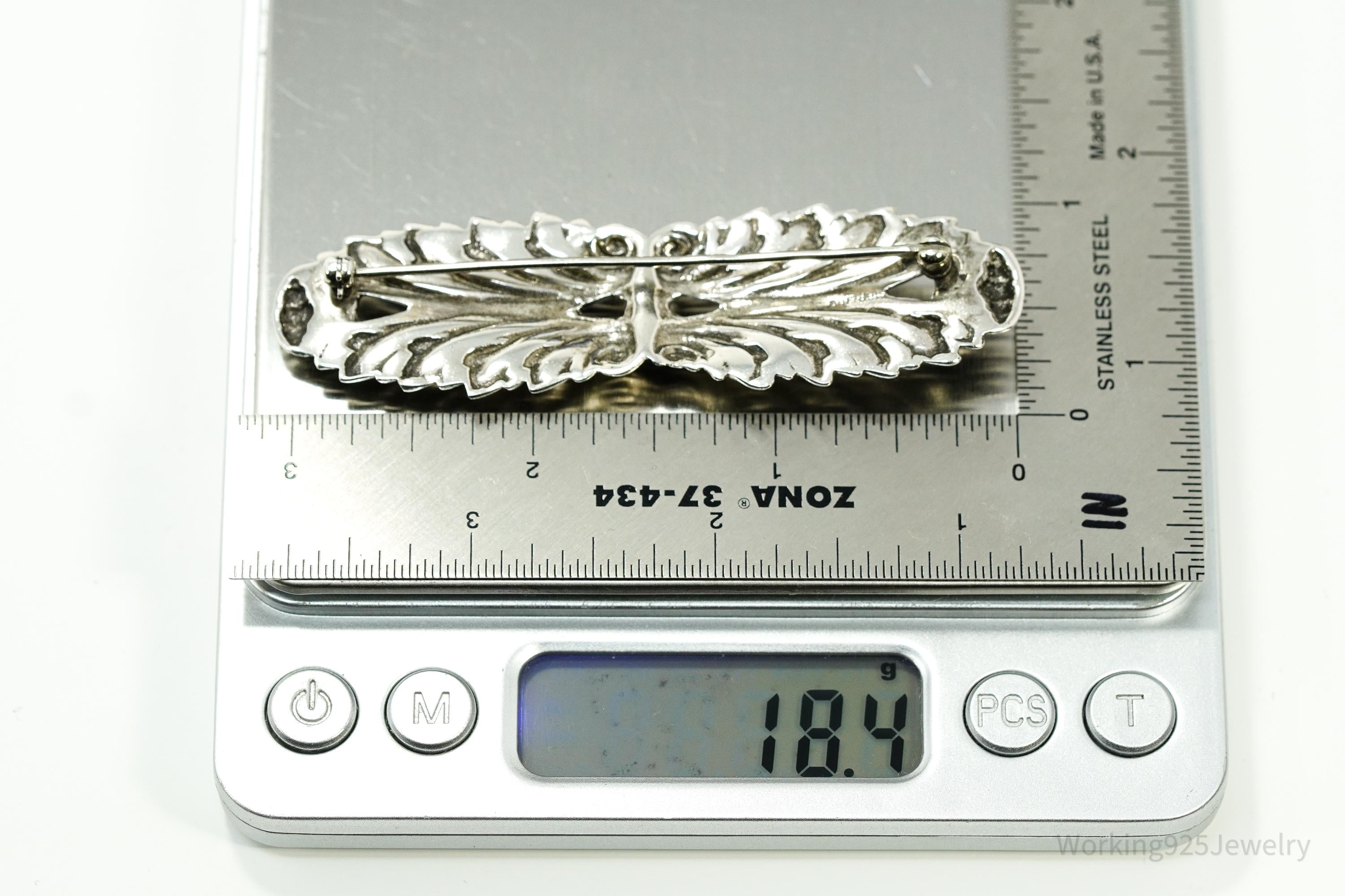 Large Vintage Mid Century Floral Sterling Silver Brooch Pin 3"