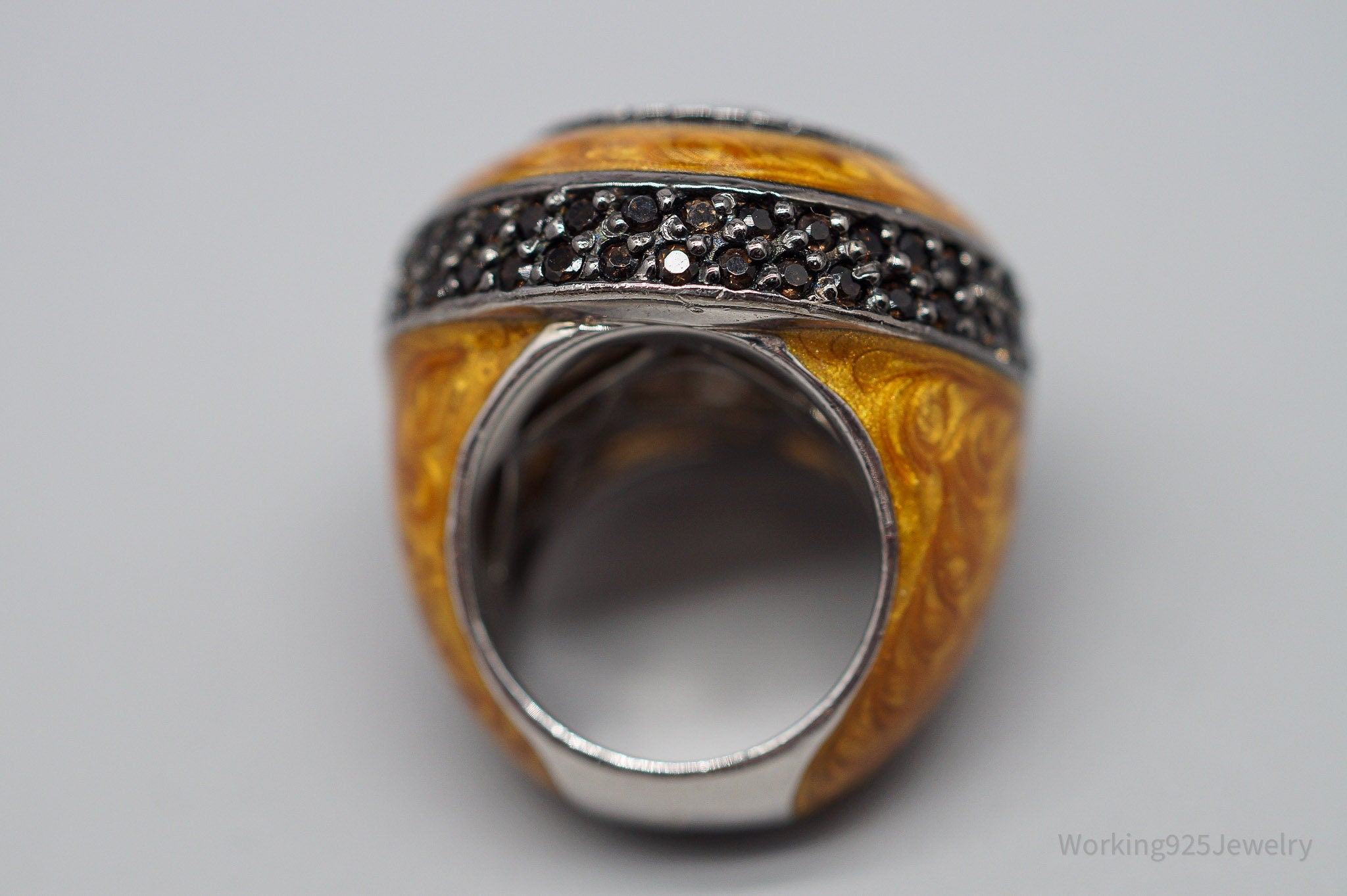 Vintage Large Smoky Topaz & Enamel Sterling Silver Ring - Size 5.75