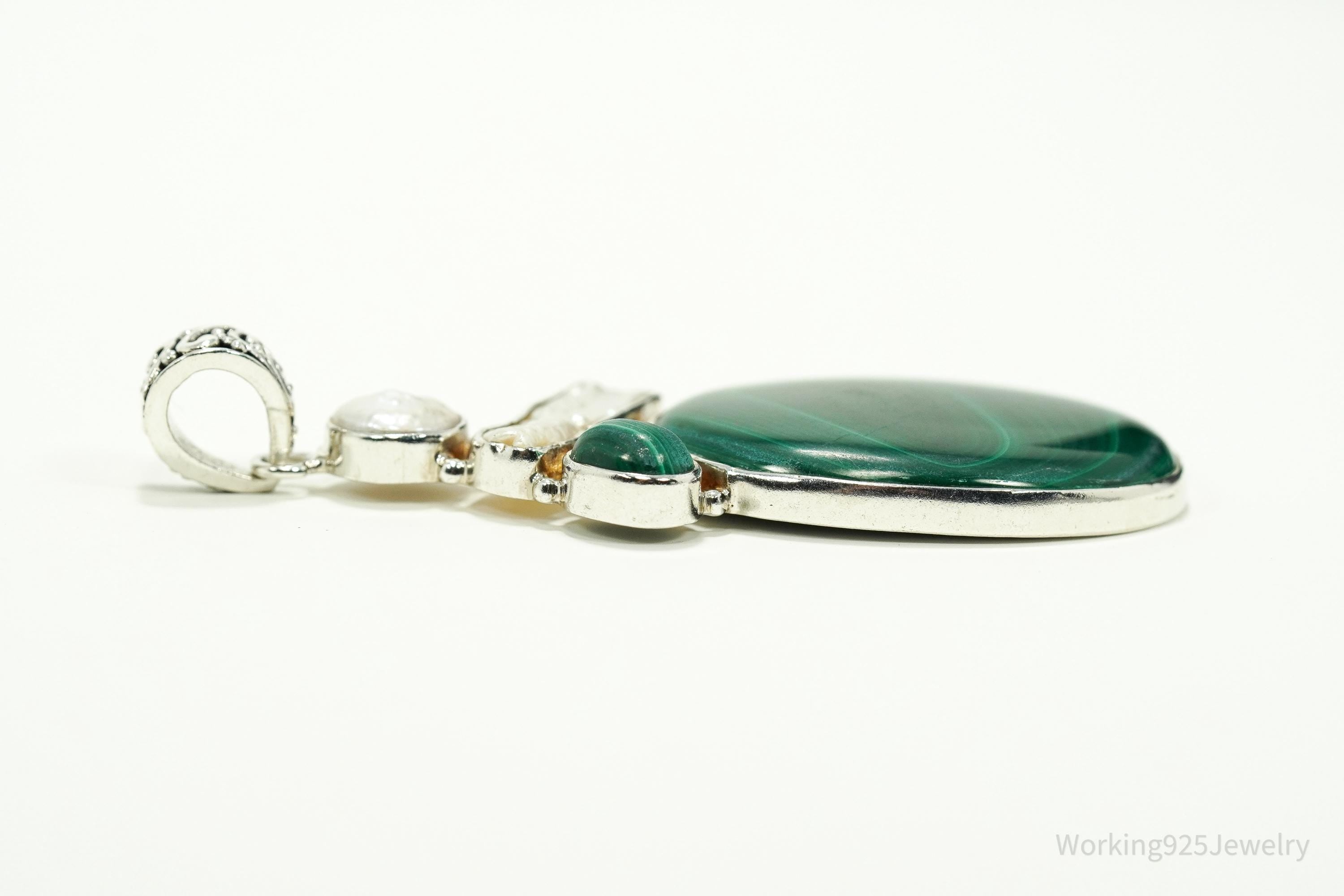 Large Vintage Malachite & Pearl Sterling Silver Necklace Pendant