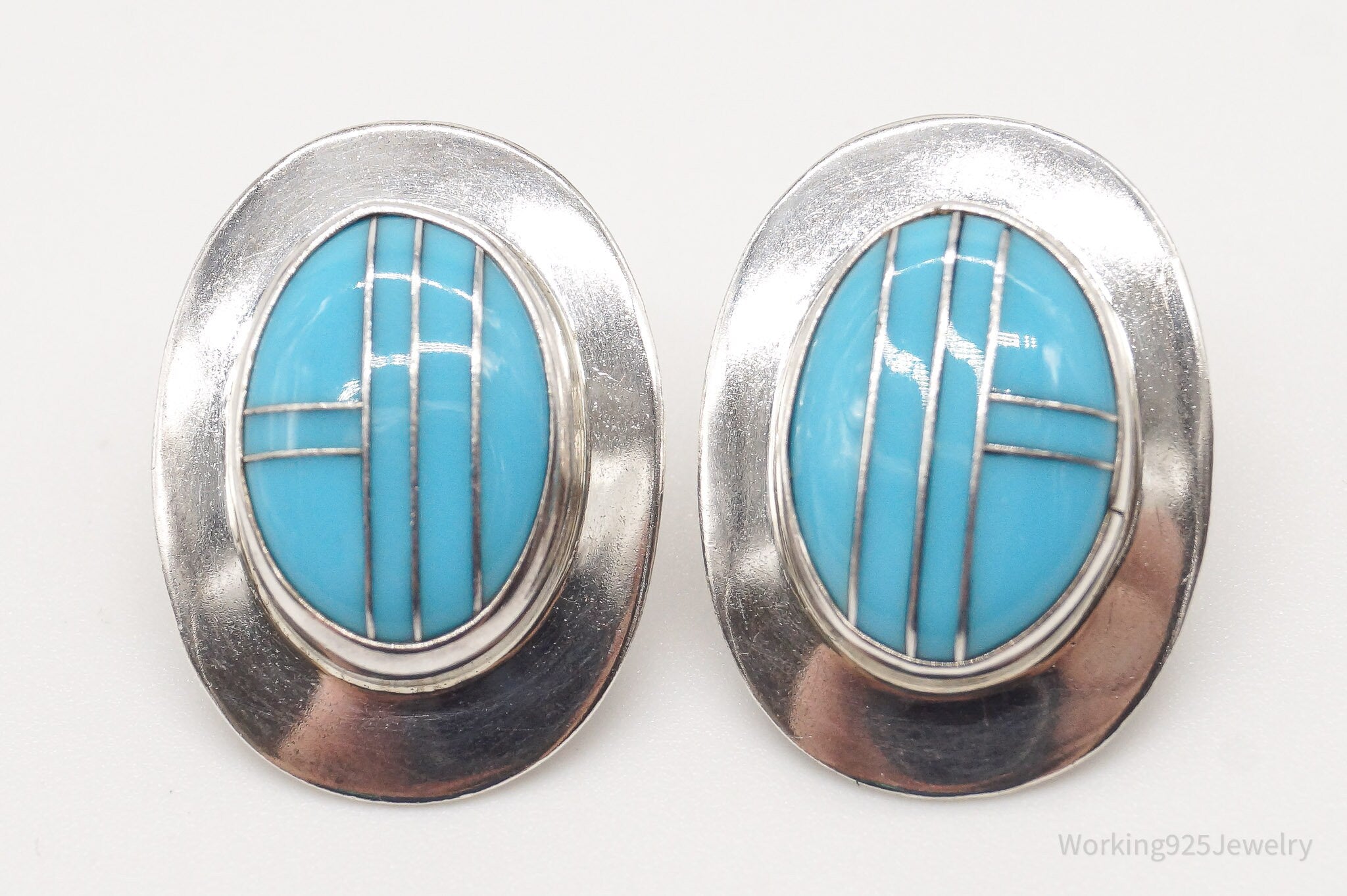 Vintage Native American Turquoise Inlay Sterling Silver Earrings