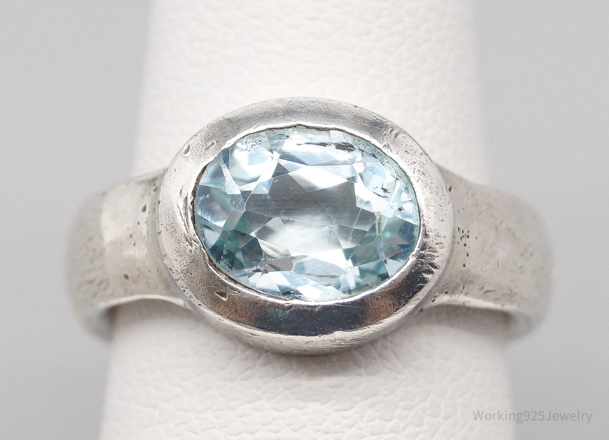 Vintage Modernist Style Blue Topaz Sterling Silver Ring - Size 6