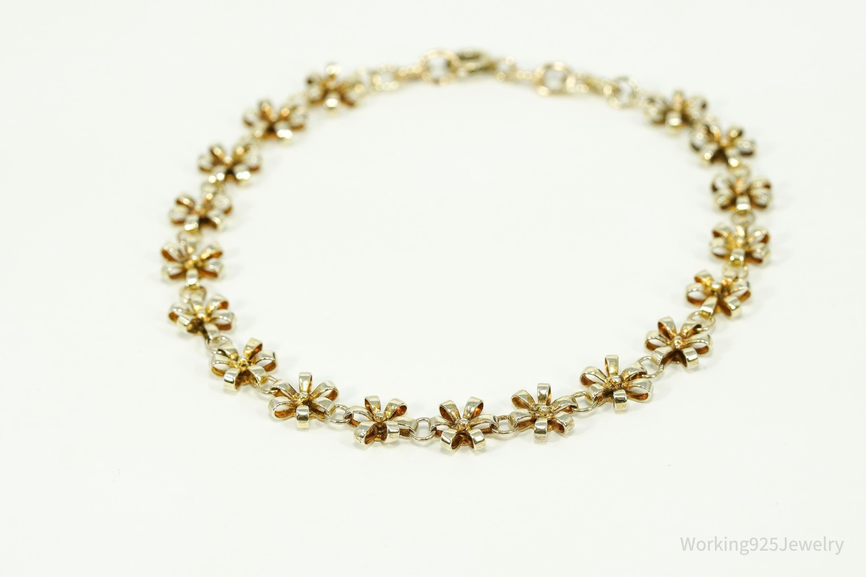 Vintage Flower Gold Vermeil Sterling Silver Bracelet 7.75"