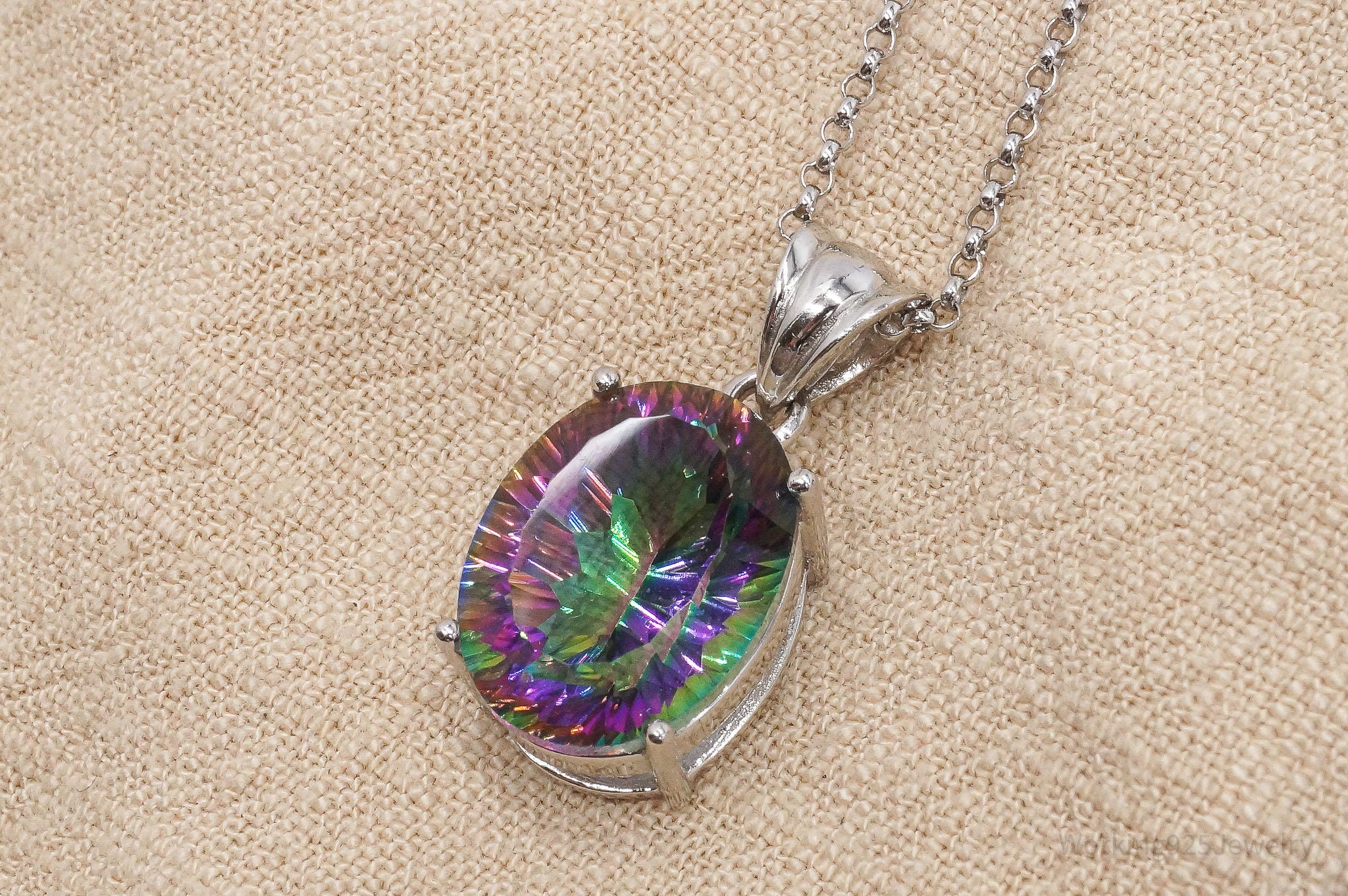 Vintage Large Mystic Topaz Sterling Silver Necklace 18"