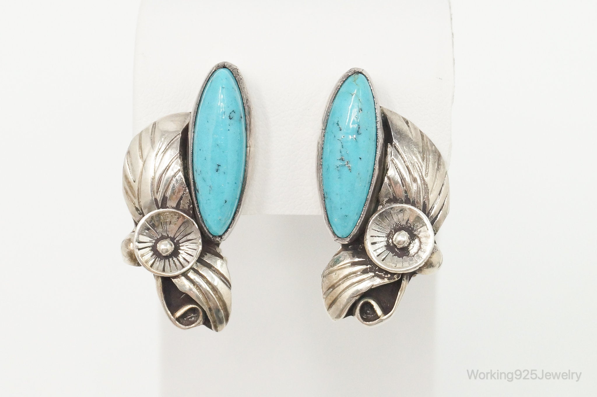 Vintage Native American Milton Lee Turquoise Sterling Silver Clip On Earrings