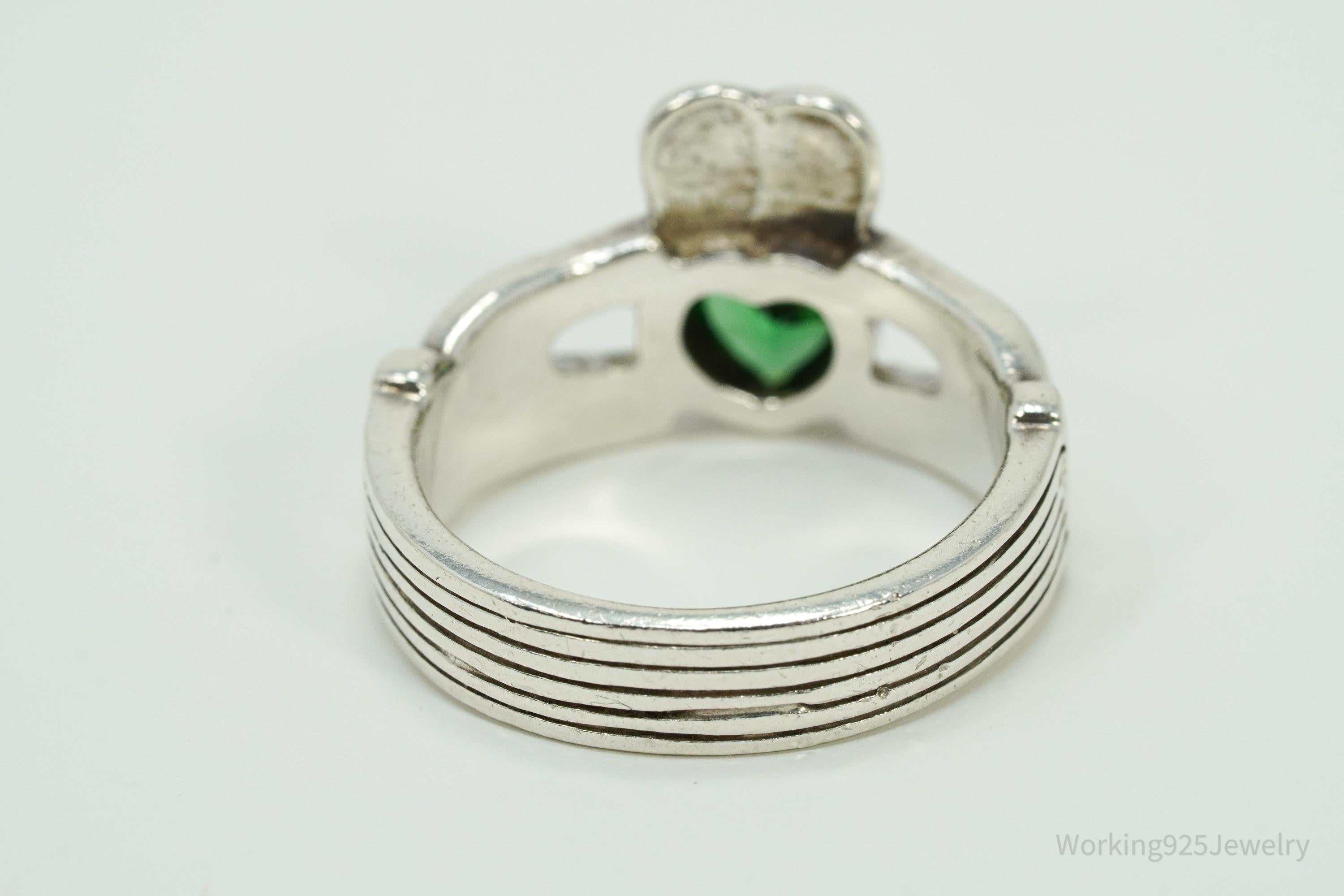 Vintage Green Tourmaline Heart Claddagh Sterling Silver Ring - Size 7.75