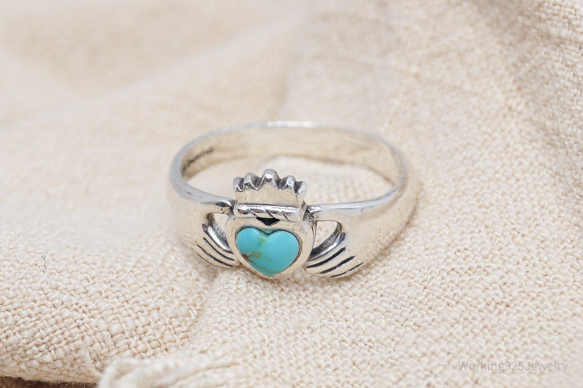 Vintage Boma Claddagh Turquoise Heart Sterling Silver Ring - Size 5.75