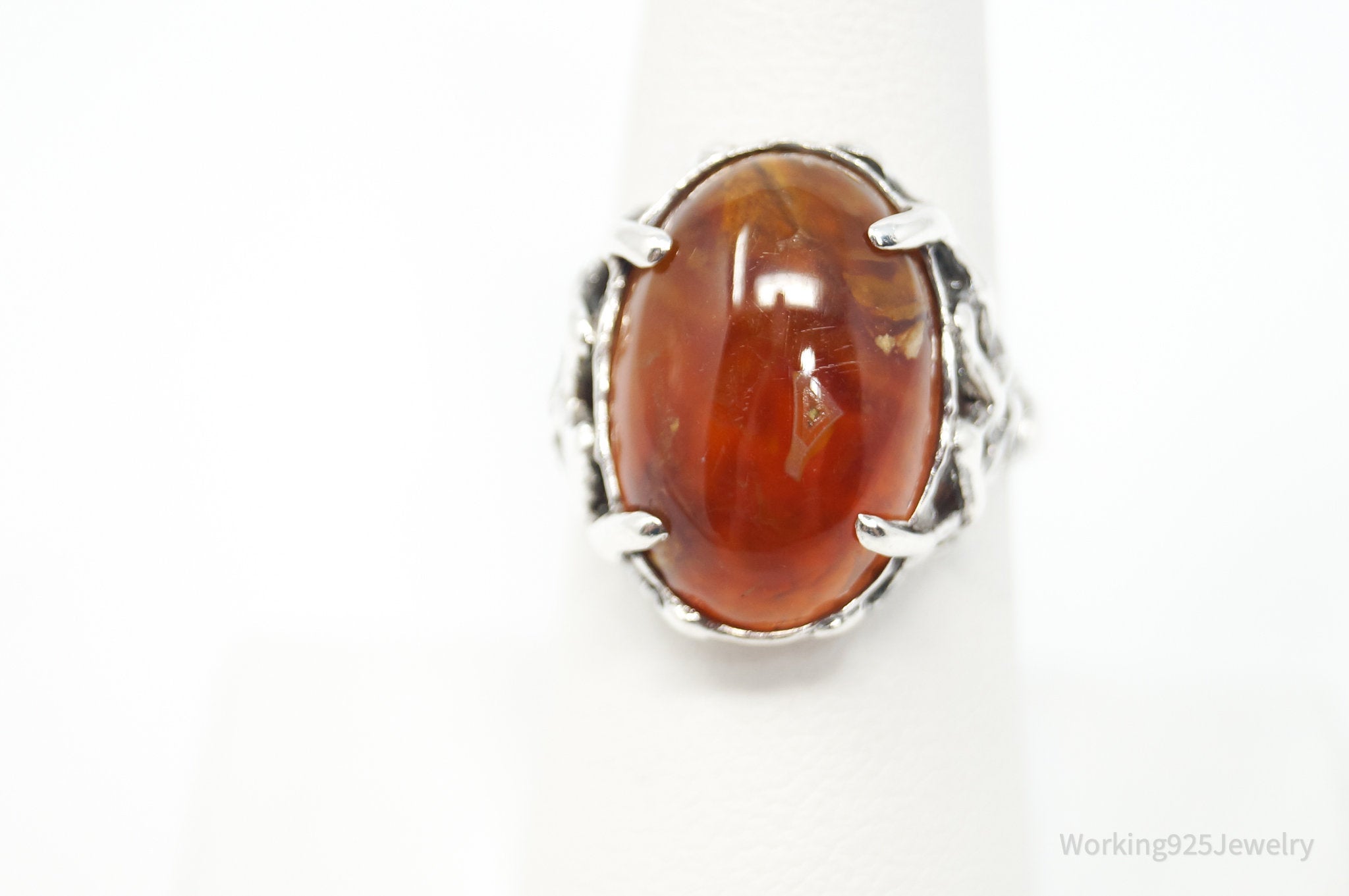 Vintage Red Agate Brutalist Sterling Silver Ring - Sz 7.5