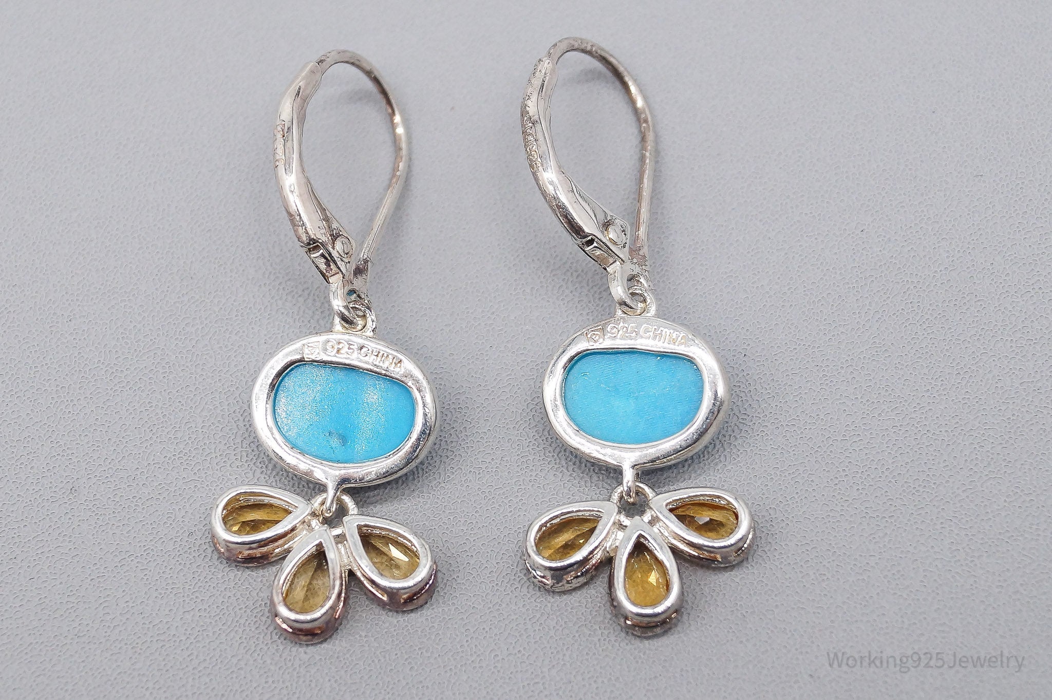 Vintage Blue Turquoise & Citrine Sterling Silver Earrings