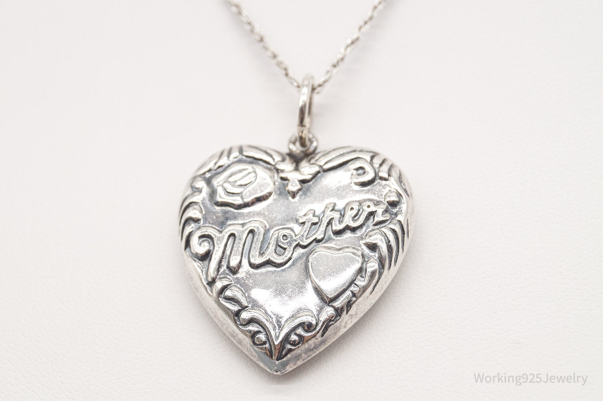 Vintage Large Puffy Heart Mother Charm Sterling Silver Necklace