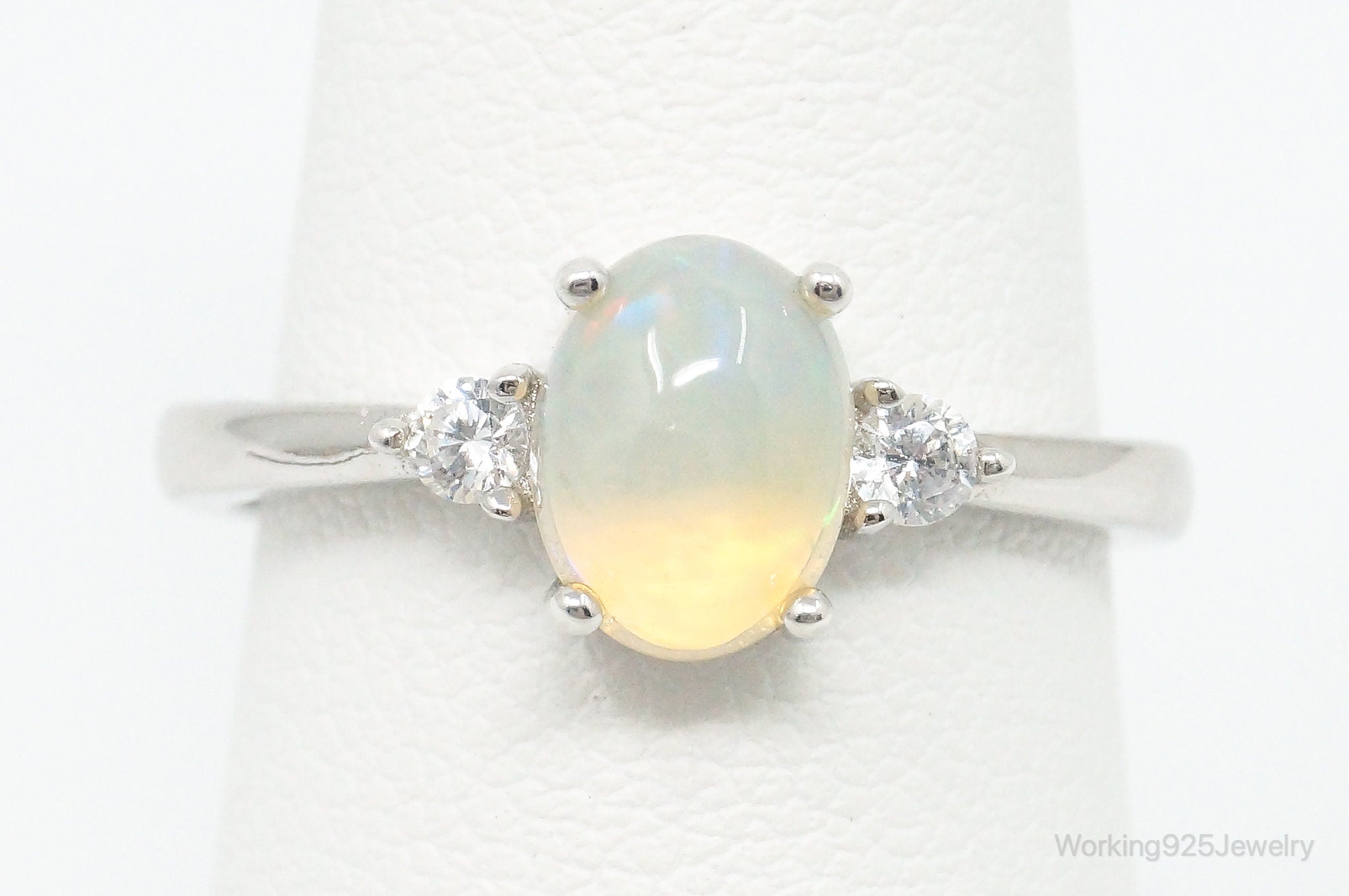 Vintage Opal Cubic Zirconia Sterling Silver Ring - Size 7.5 Adjustable