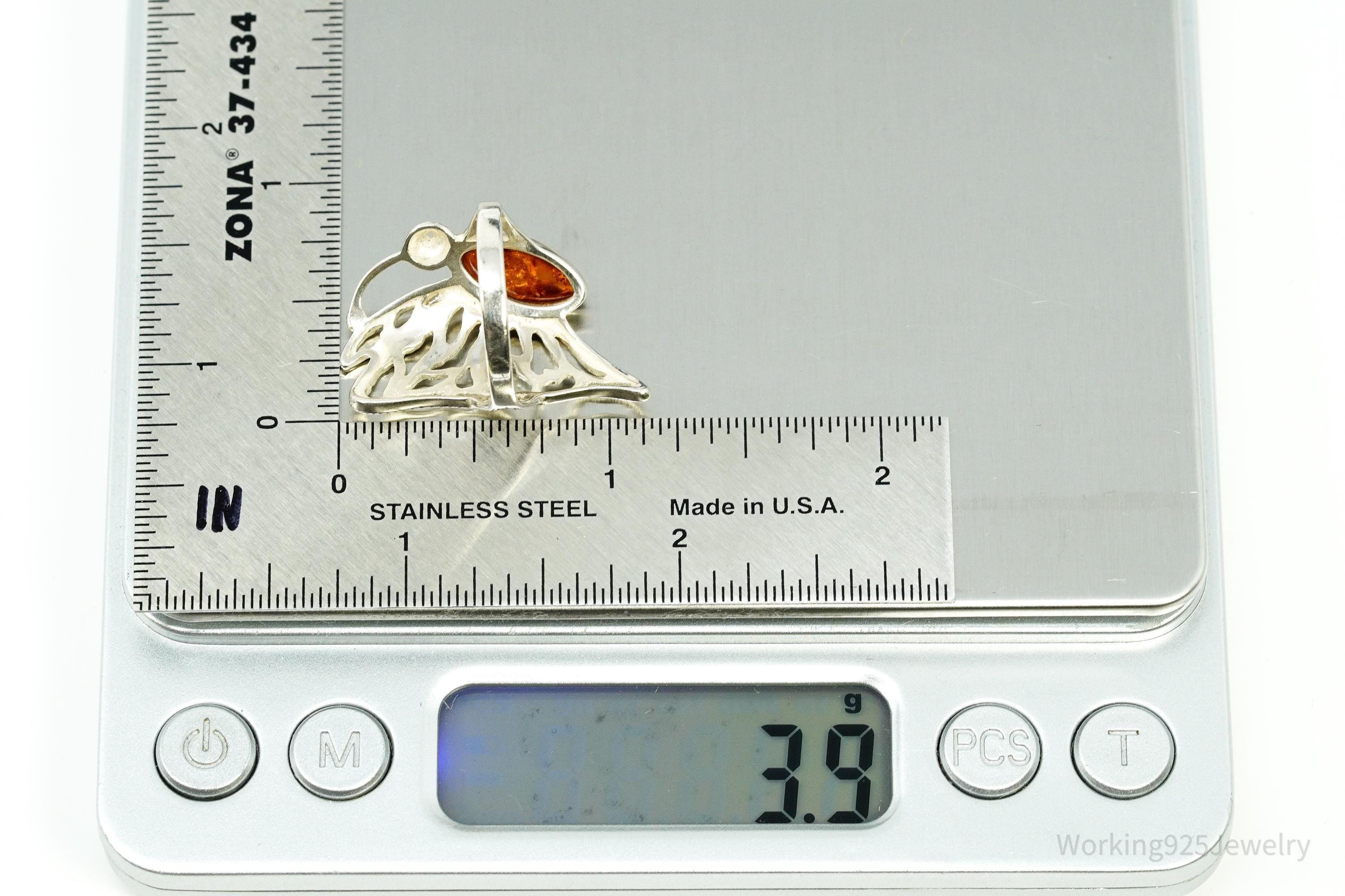 Vintage Amber Butterfly Sterling Silver Ring - Size 7.5