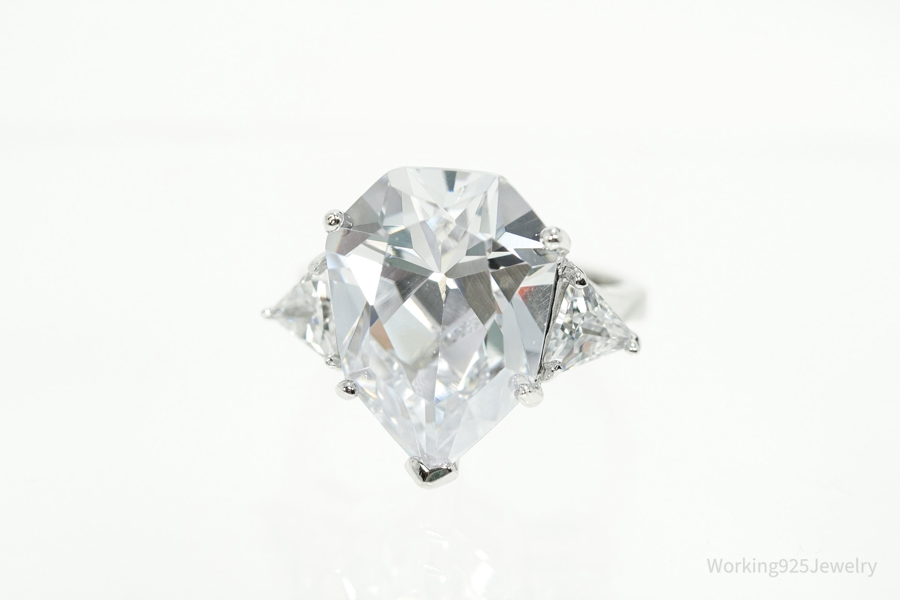 Designer PJM Large Cubic Zirconia Sterling Silver Ring - Size 6