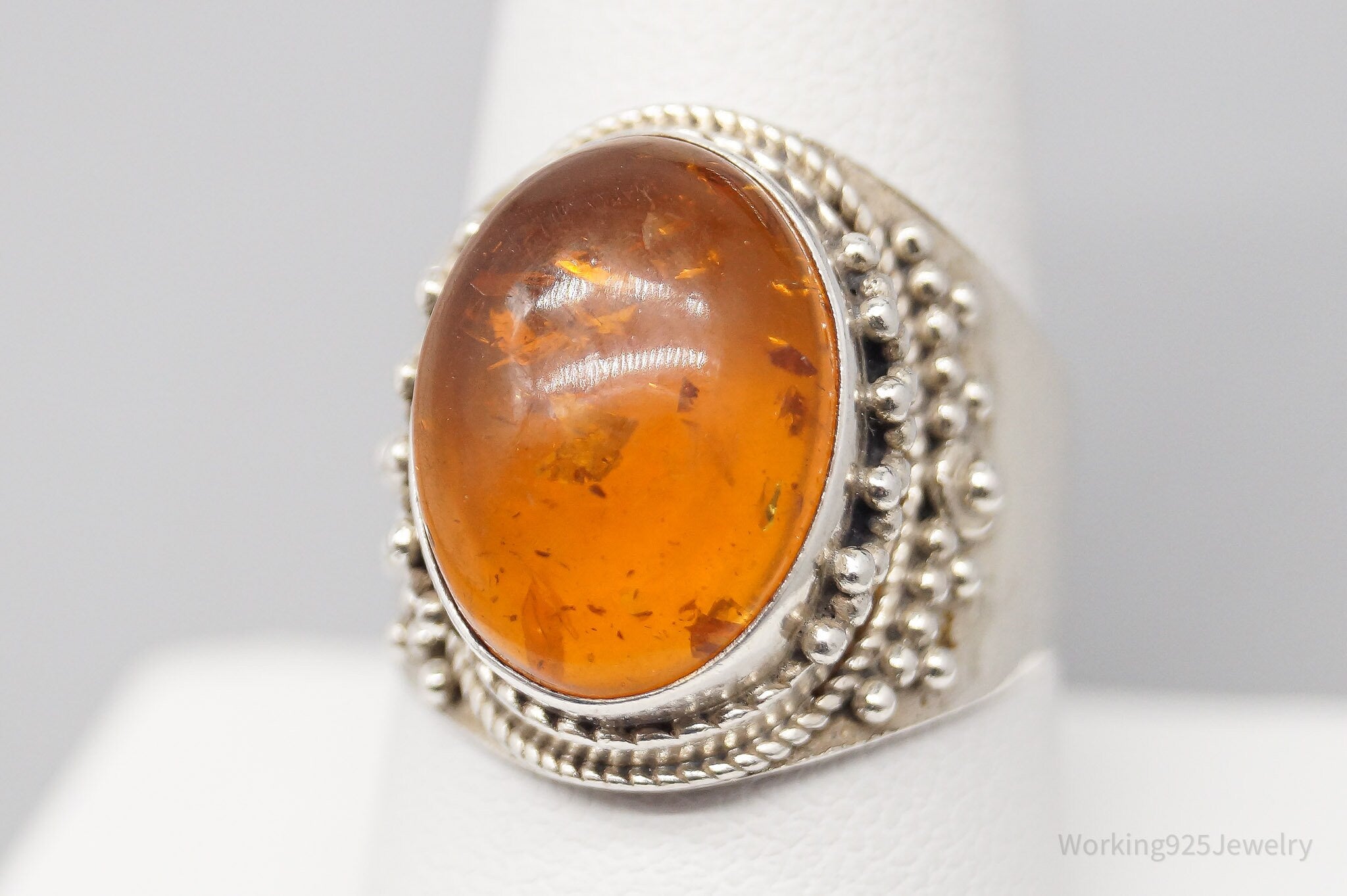 Vintage Amber Sterling Silver Ring - Size 9.75