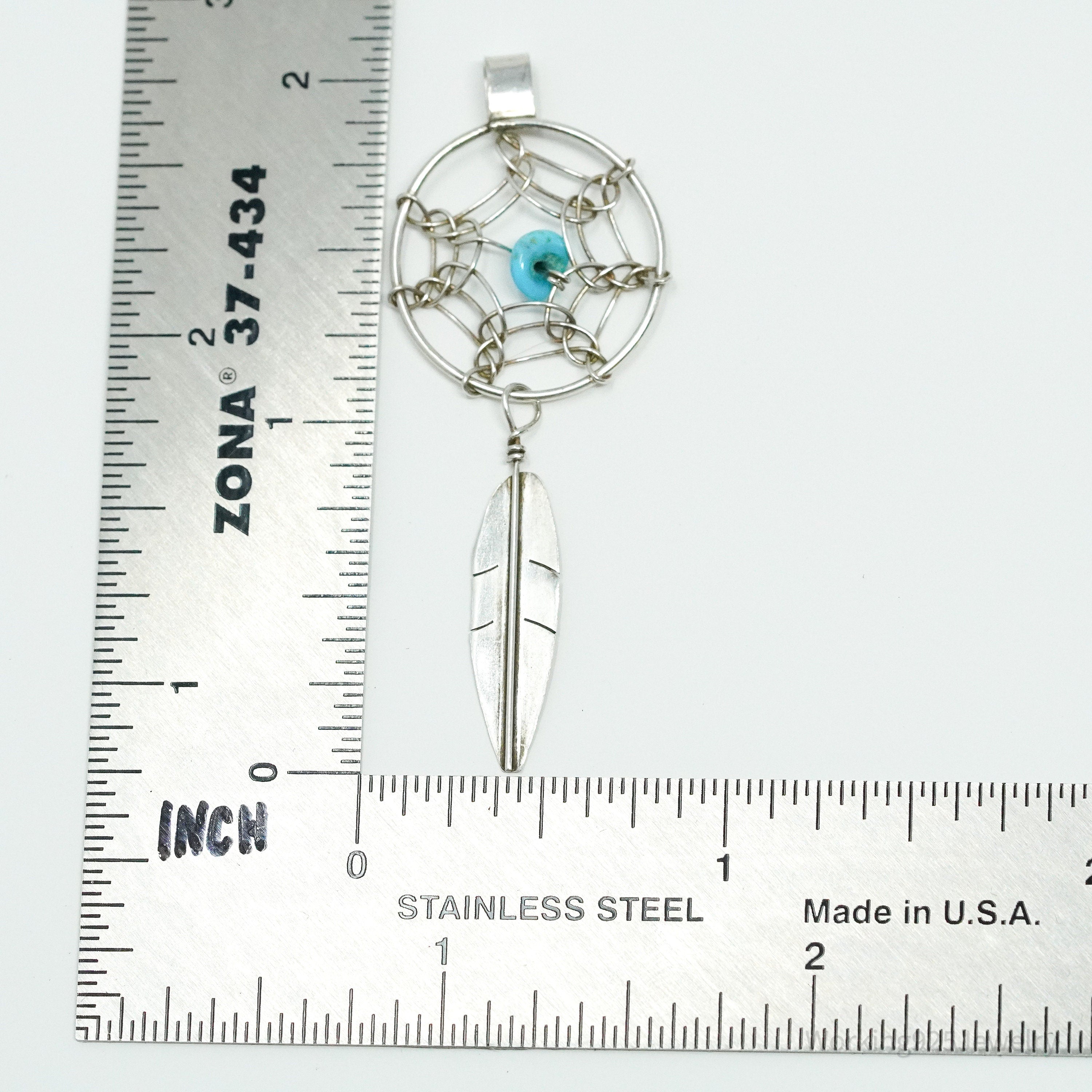Vintage Native American Turquoise Dreamcatcher Silver Pendant