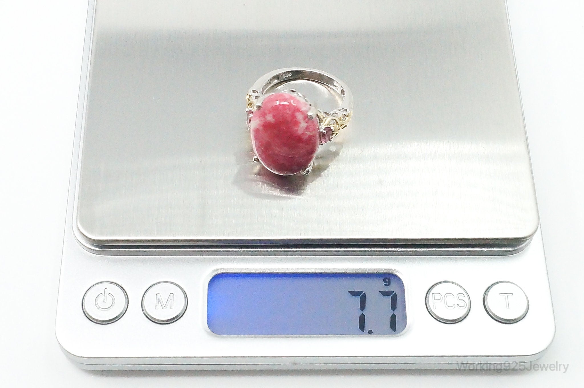 Vintage Thulite Pink Topaz Gold Vermeil Sterling Silver Ring - Size 8