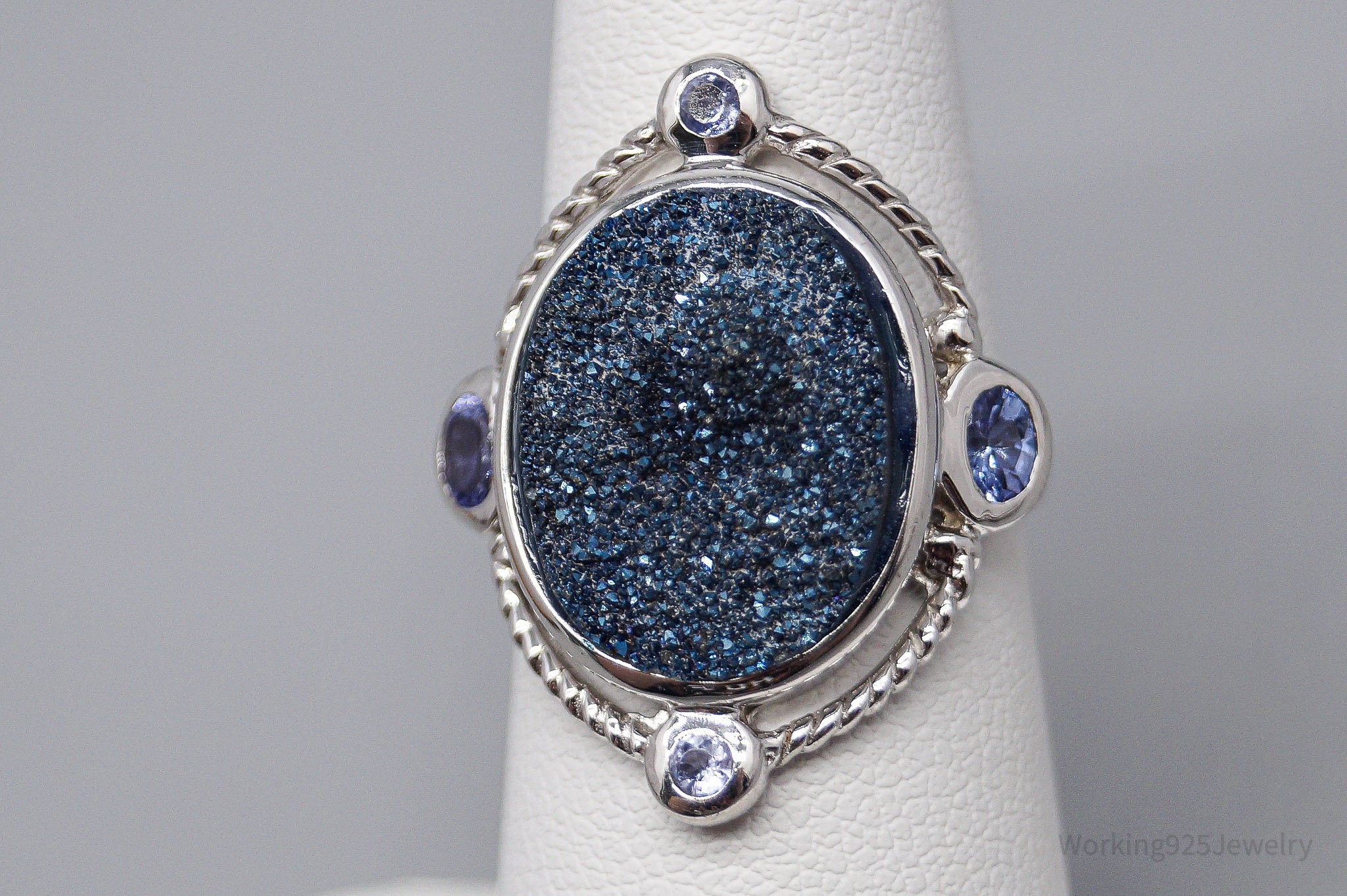 Vintage Blue Druzy Quartz & Tanzanite Sterling Silver Ring - Size 6