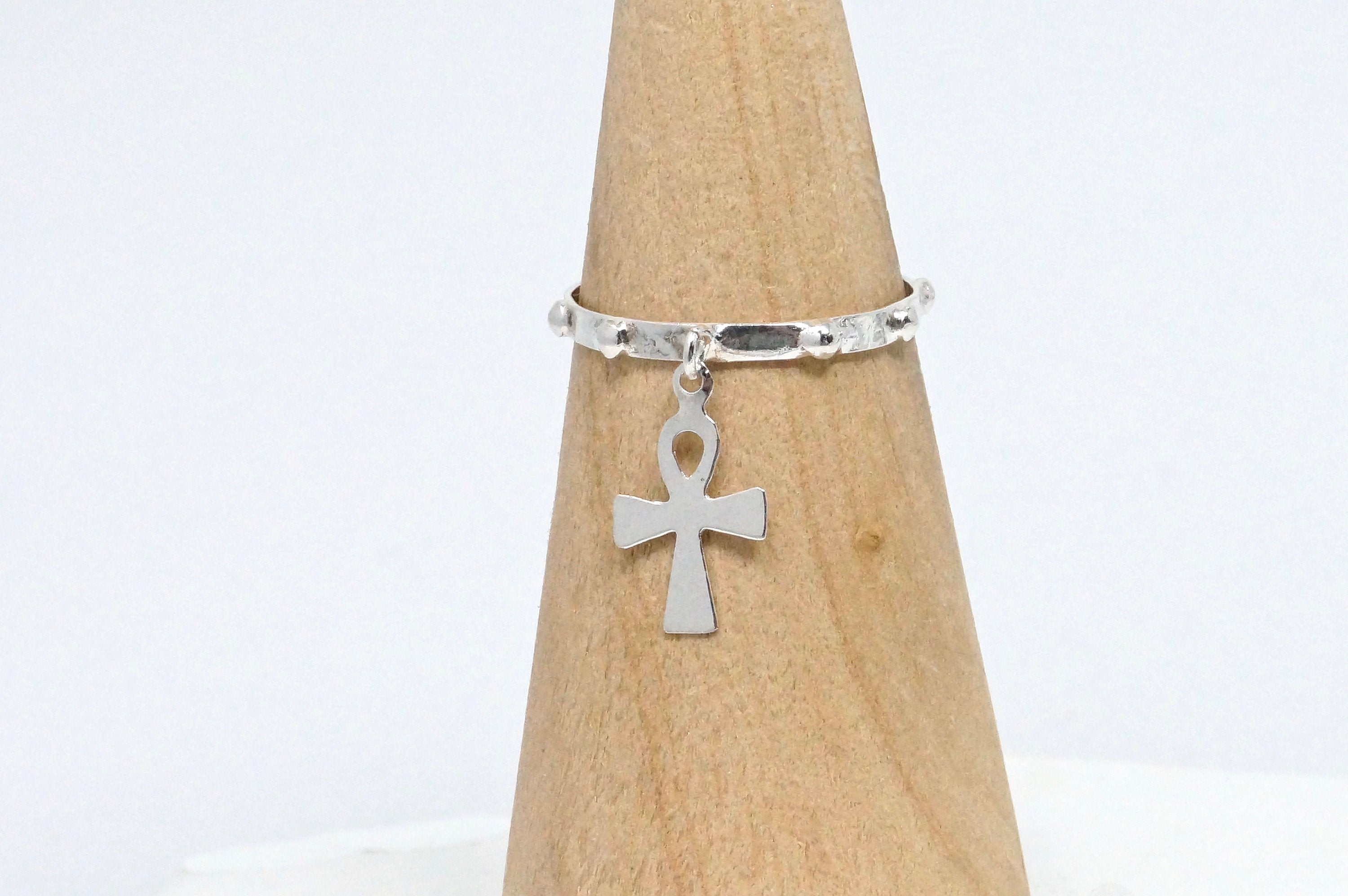 Vintage Mexican Silversmith Handmade Cross Dangle Sterling Silver Ring - Size 8