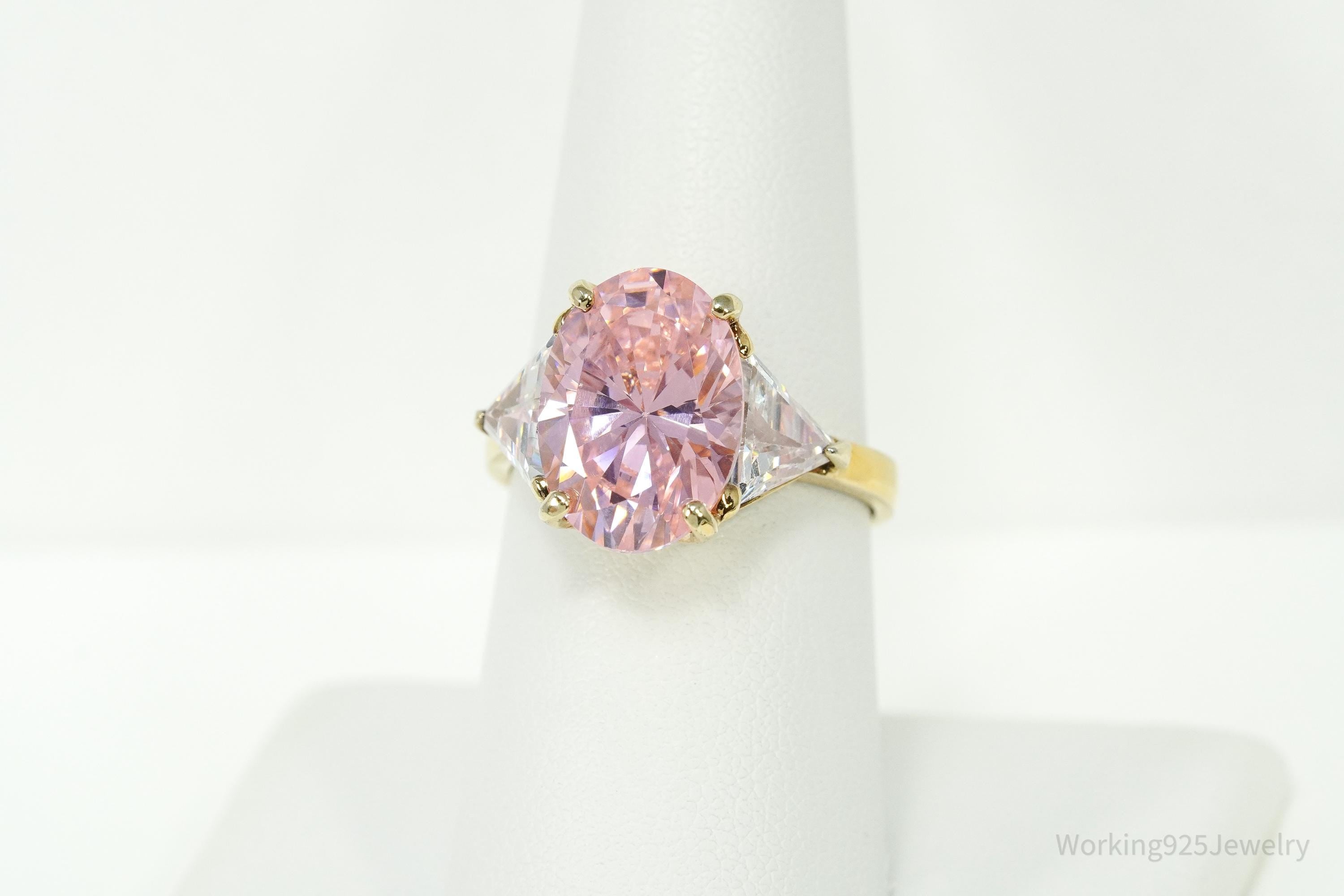 Vintage EDCO Pink & White Cubic Zirconia Gold Vermeil Sterling Silver Ring Size 8