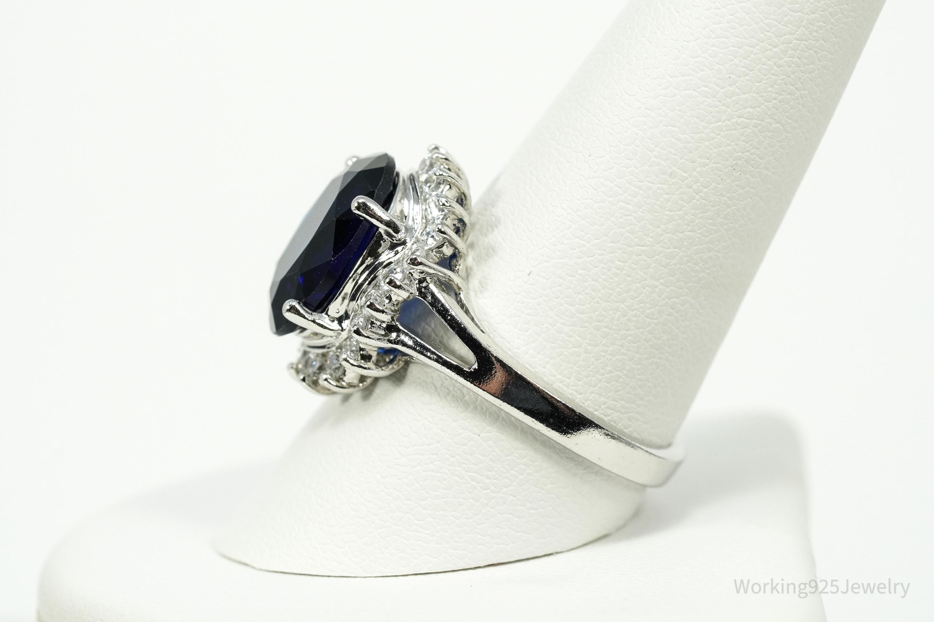 Vintage Avon RJ Simulated Blue Sapphire & Cubic Zirconia Sterling Silver Ring Size 10