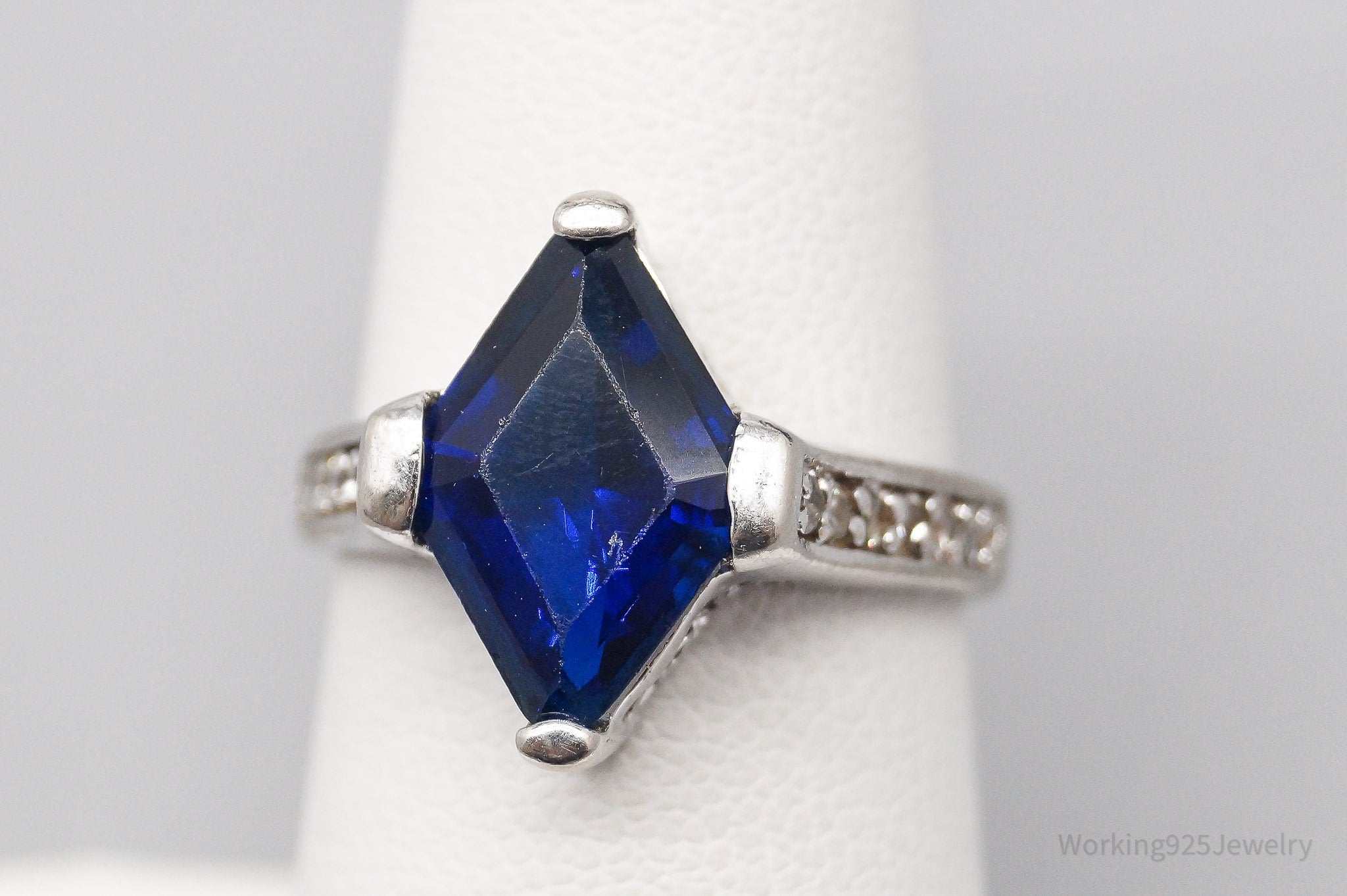 Vintage Faux Sapphire Cubic Zirconia Sterling Silver Ring - Size 6.75