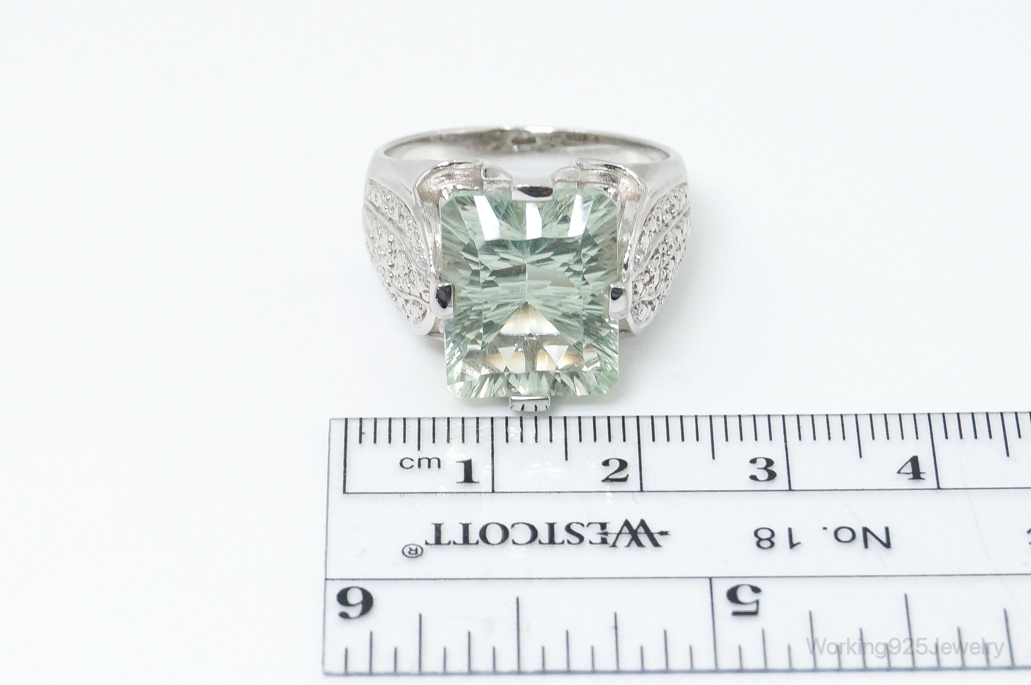 Vintage Large Prasiolite Cubic Zirconia Sterling Silver Ring - Size 10