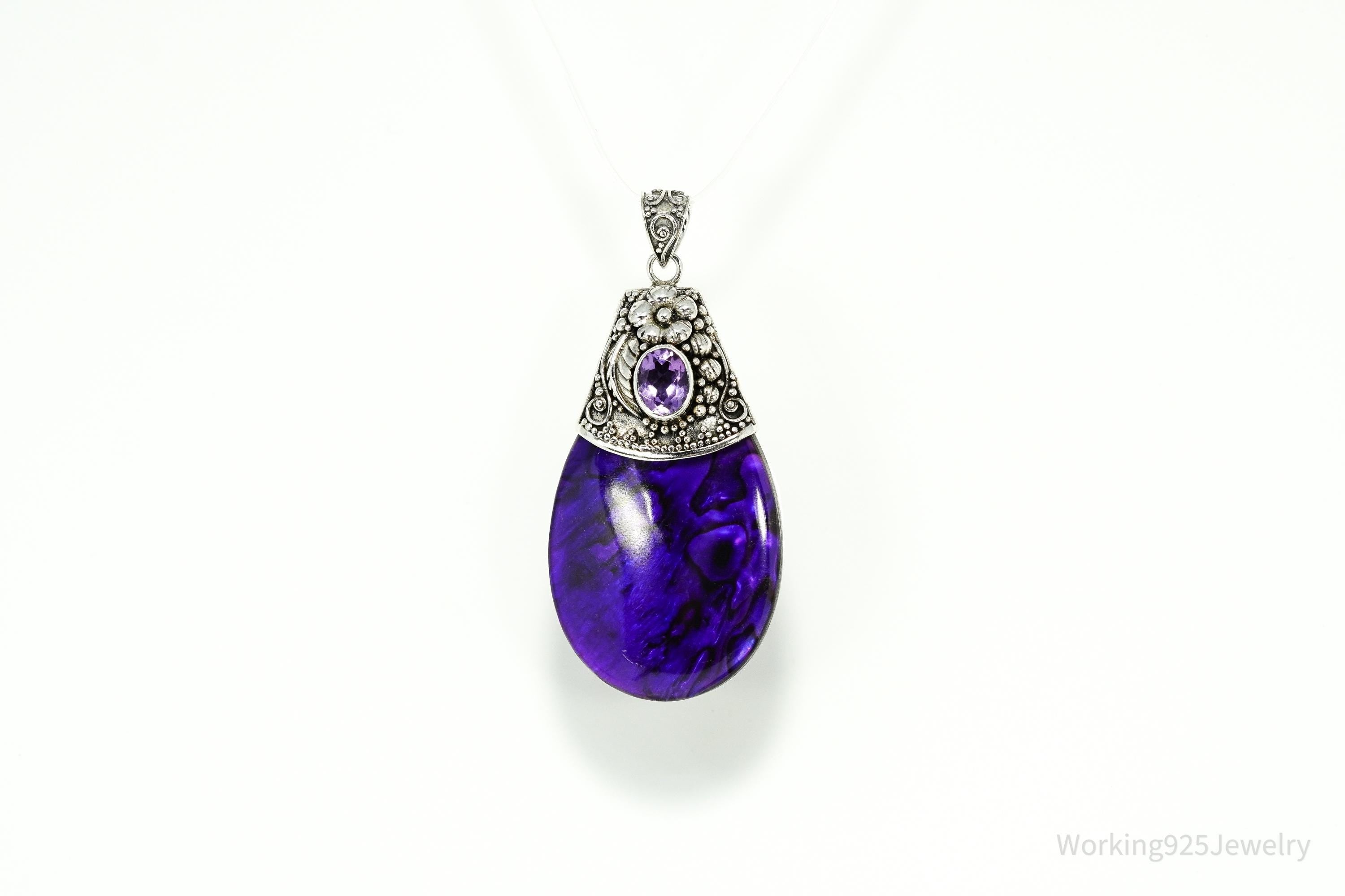 Vintage Large Purple Paua Abalone Shell & Amethyst Sterling Silver Pendant