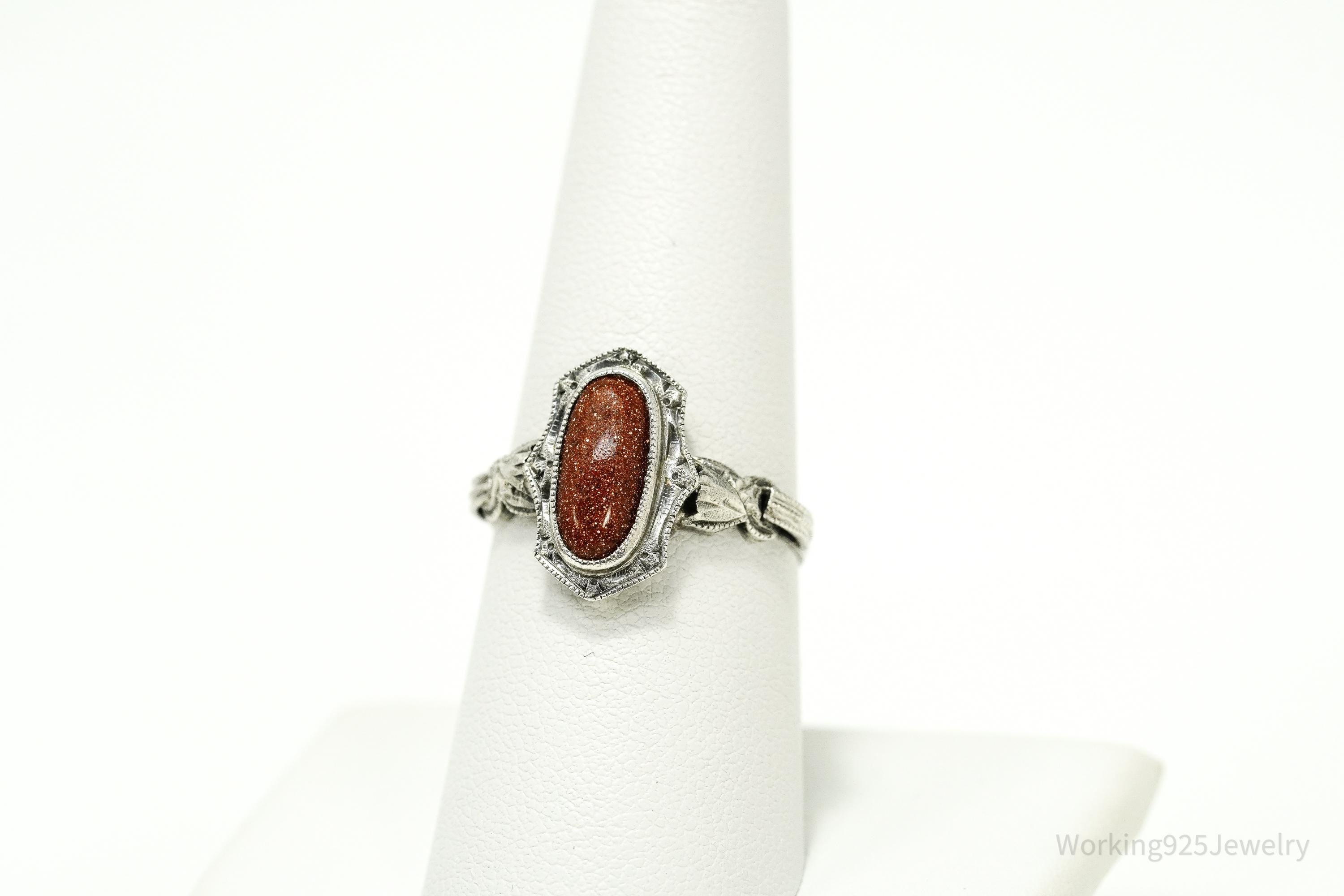 Antique Goldstone Ornate Silver Ring Size 8