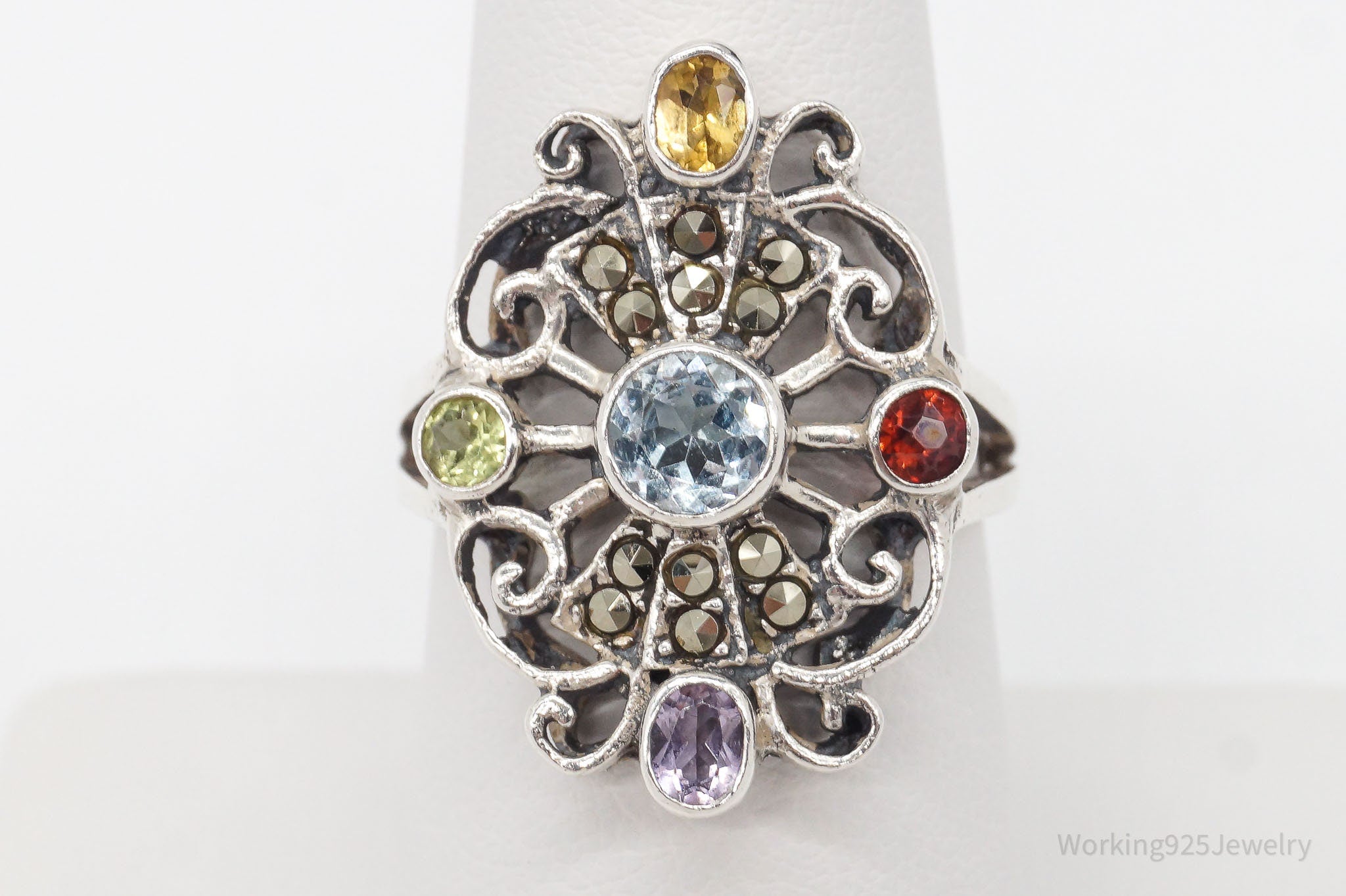 Vintage Multi Gemstone Sterling Silver Ring - Size 8