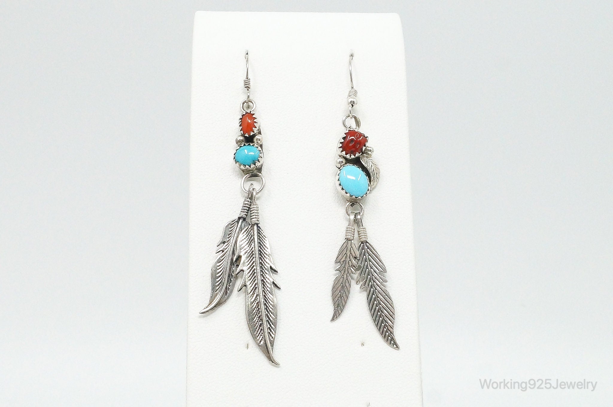 Vintage Native American Turquoise Coral Sterling Silver Earrings