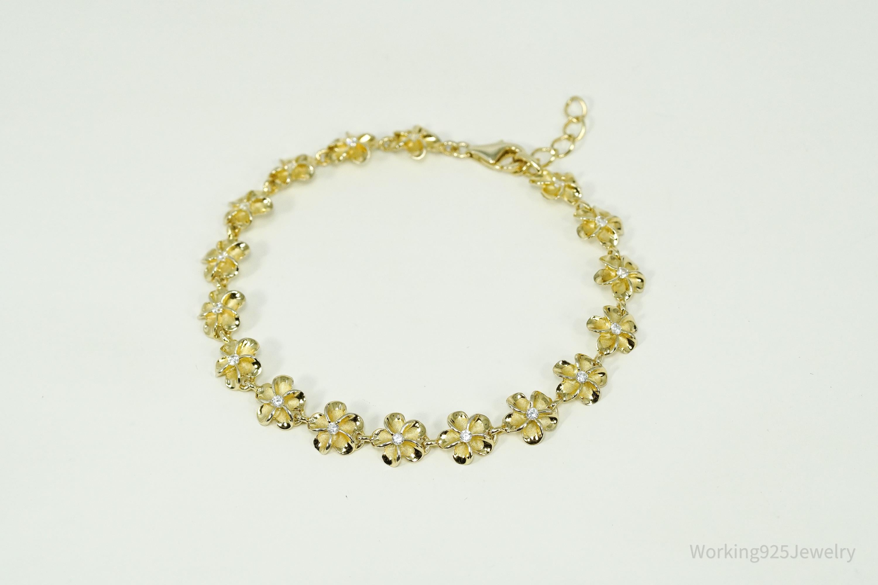 Vintage Cubic Zirconia Gold Vermeil Sterling Silver Flowers Tennis Bracelet 7.75"