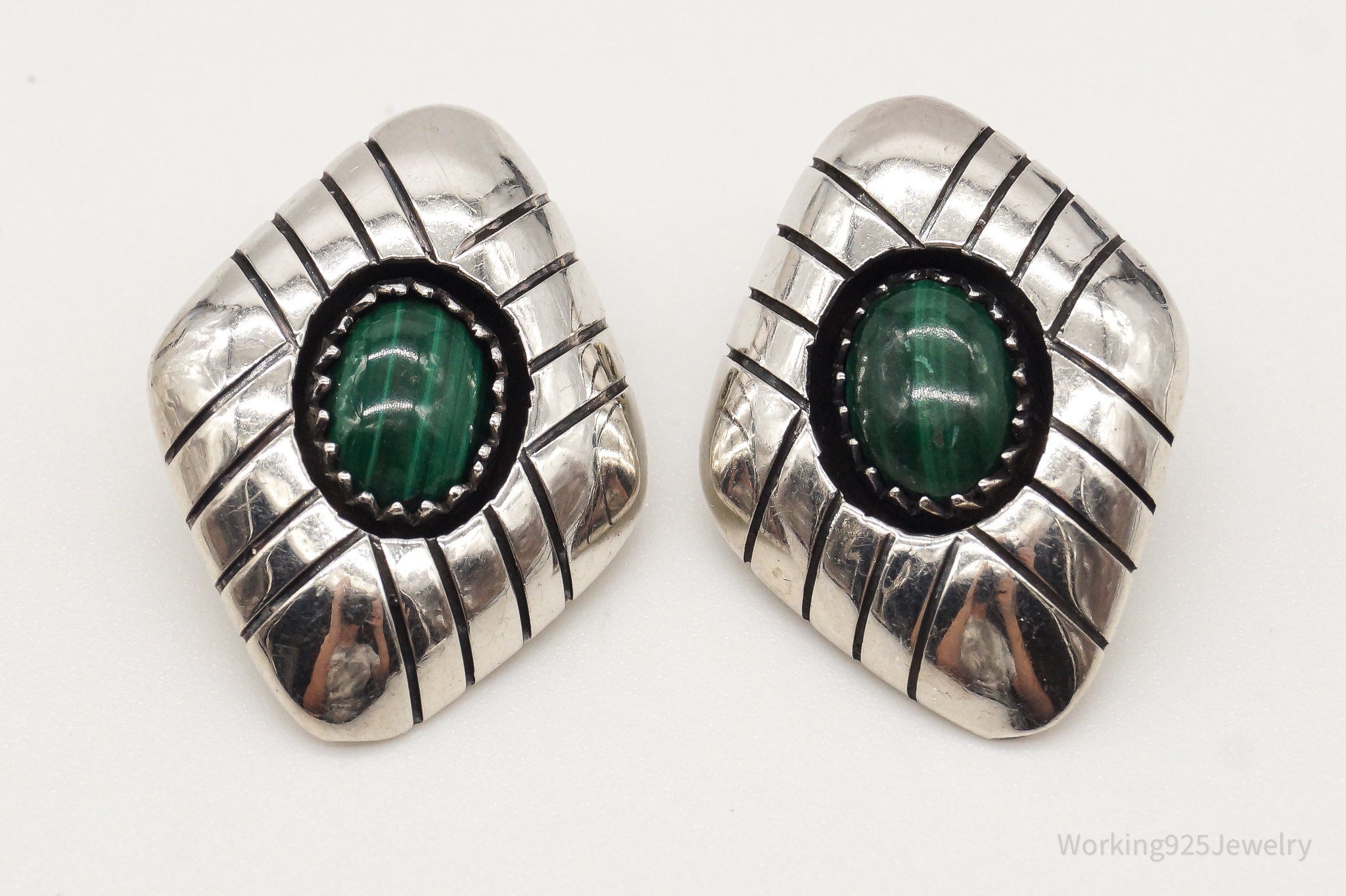 Vintage Native American Malachite Sterling Silver Clip On Earrings