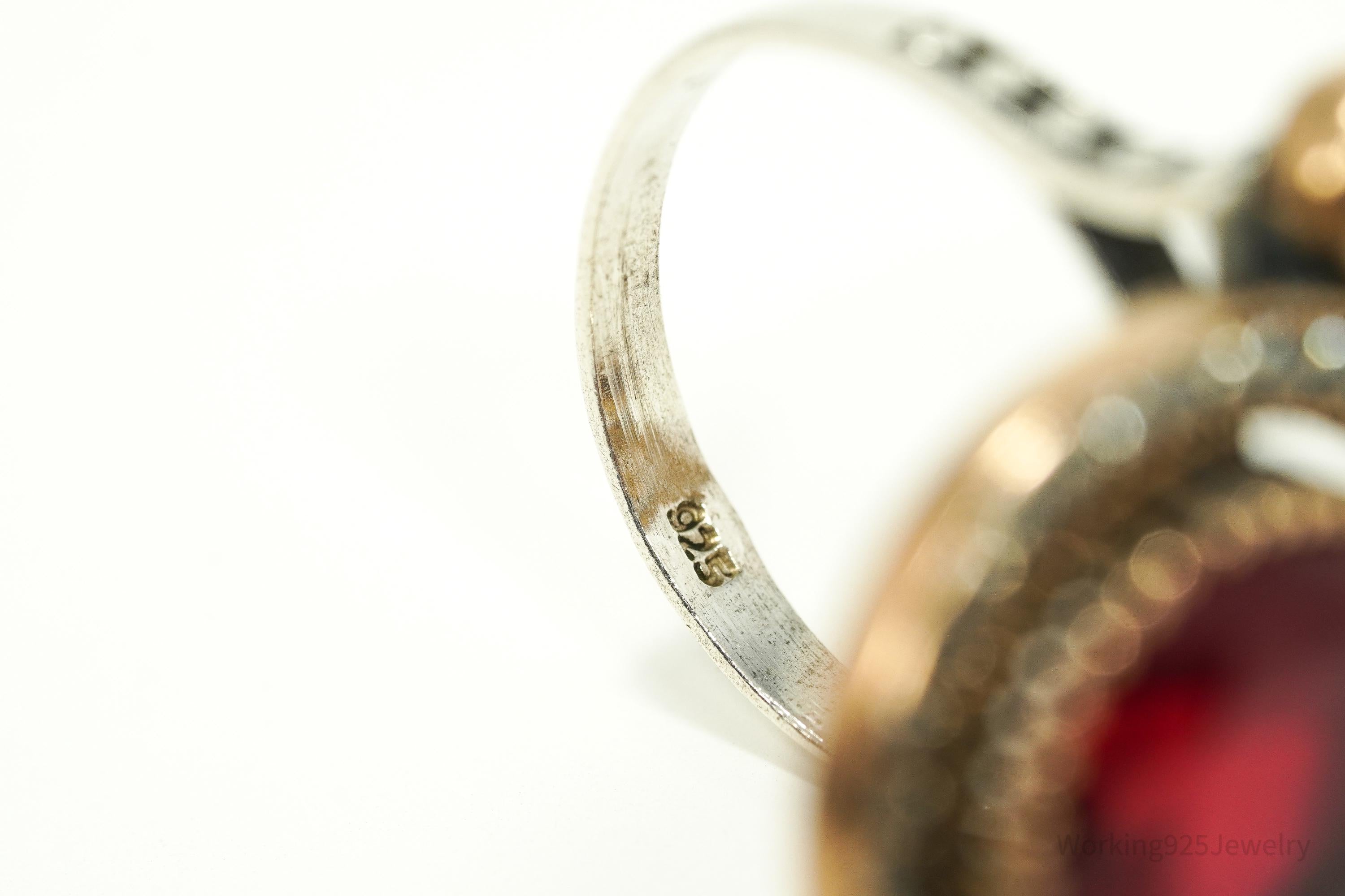 Vintage Red Stone, Ruby, & Cubic Zirconia Sterling Silver Ring - Size 7.5