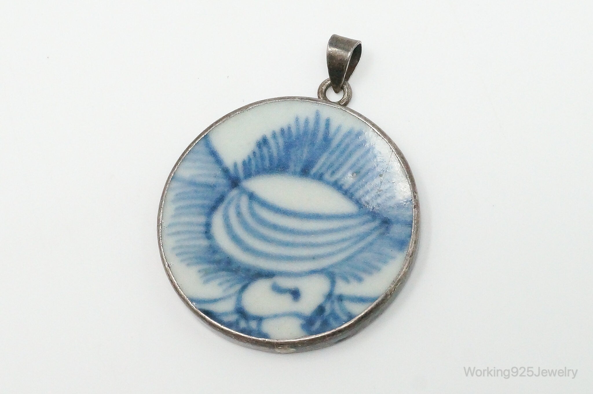 Vintage White Blue Ming Porcelain Sterling Silver Pendant