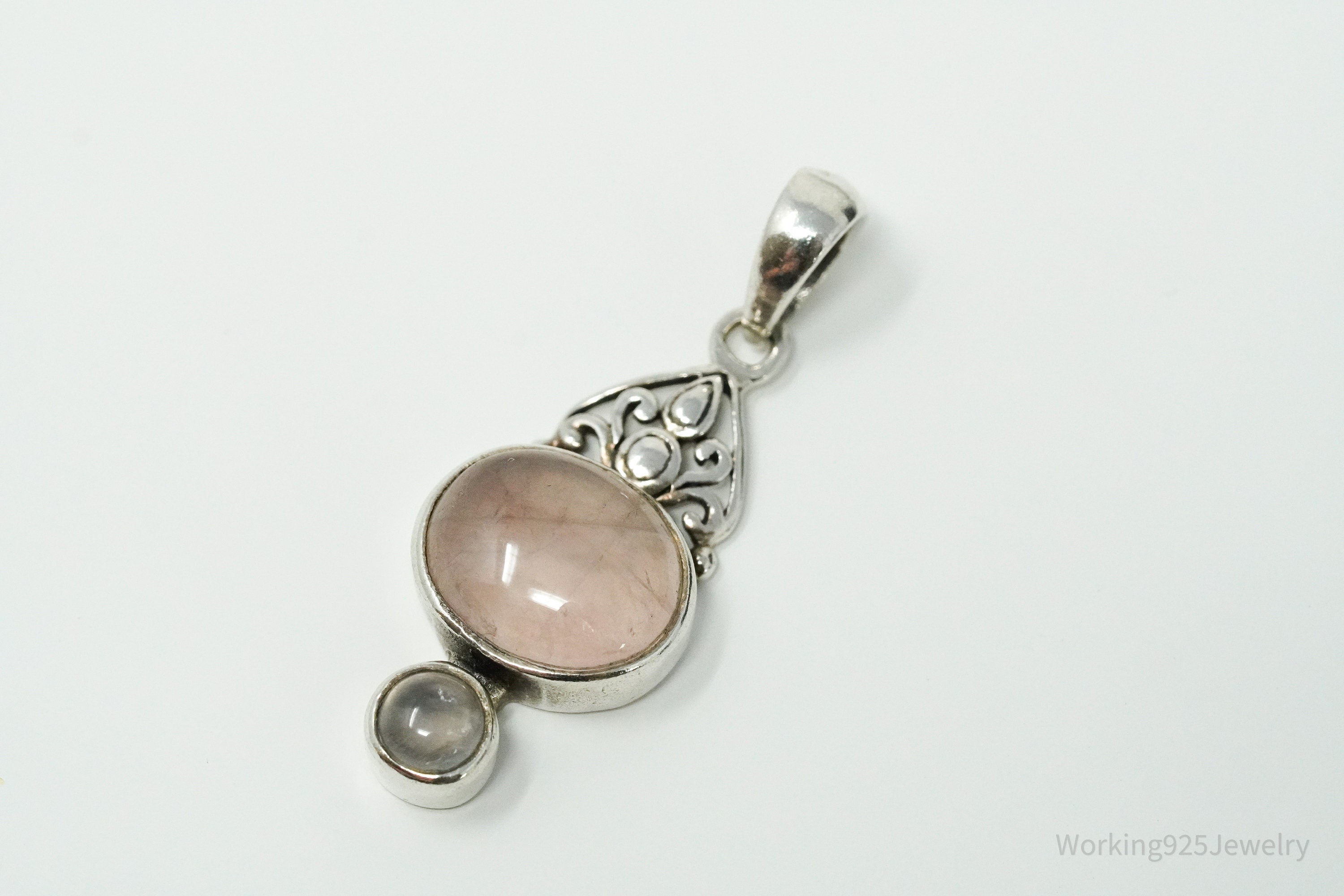 Vintage Rose Quartz & Crystal Quartz Sterling Silver Pendant
