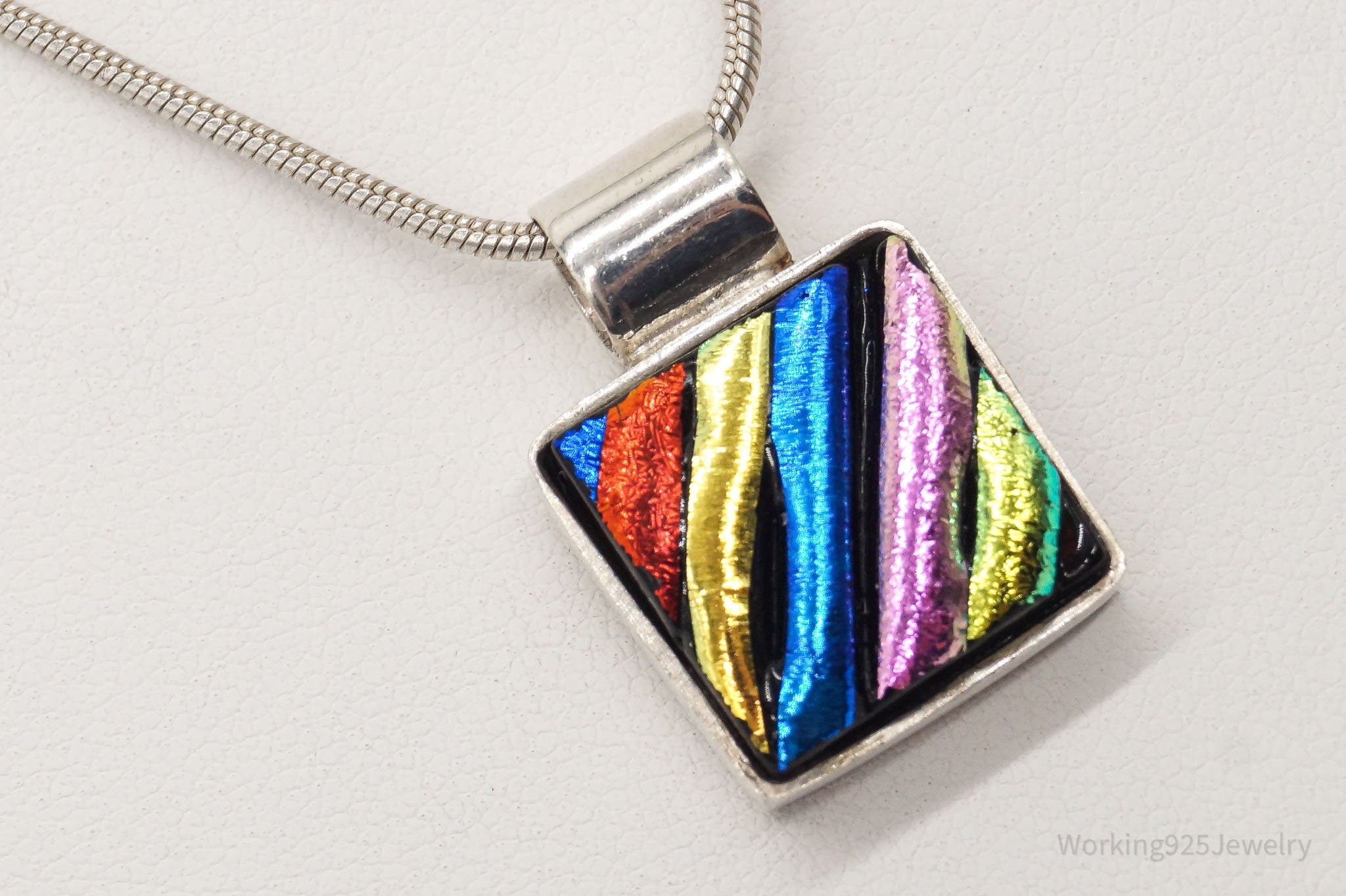 Vintage Rainbow Dichroic Glass Sterling Silver Necklace