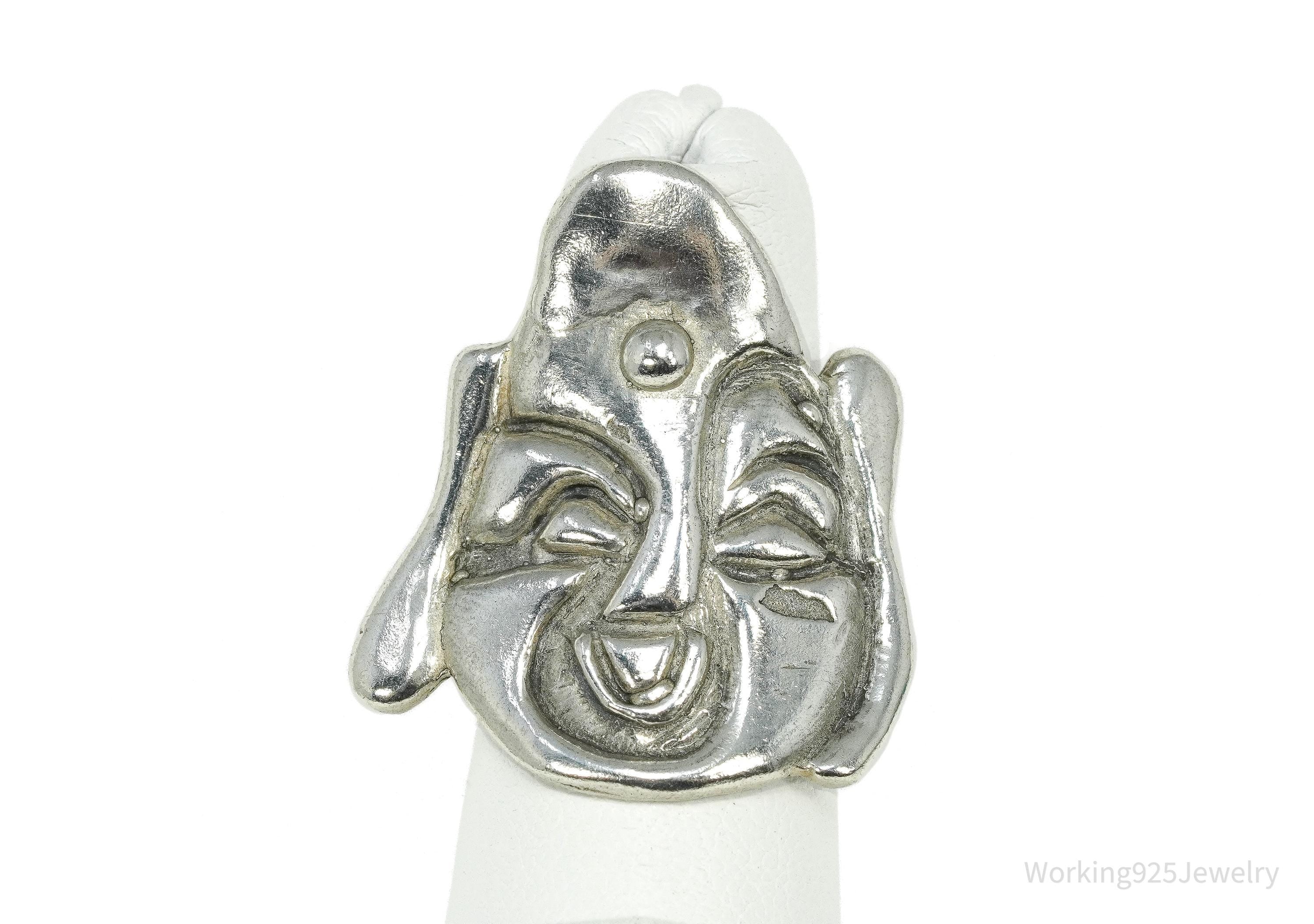 Vintage Large Buddha Head Silver Ring - Size 4.5