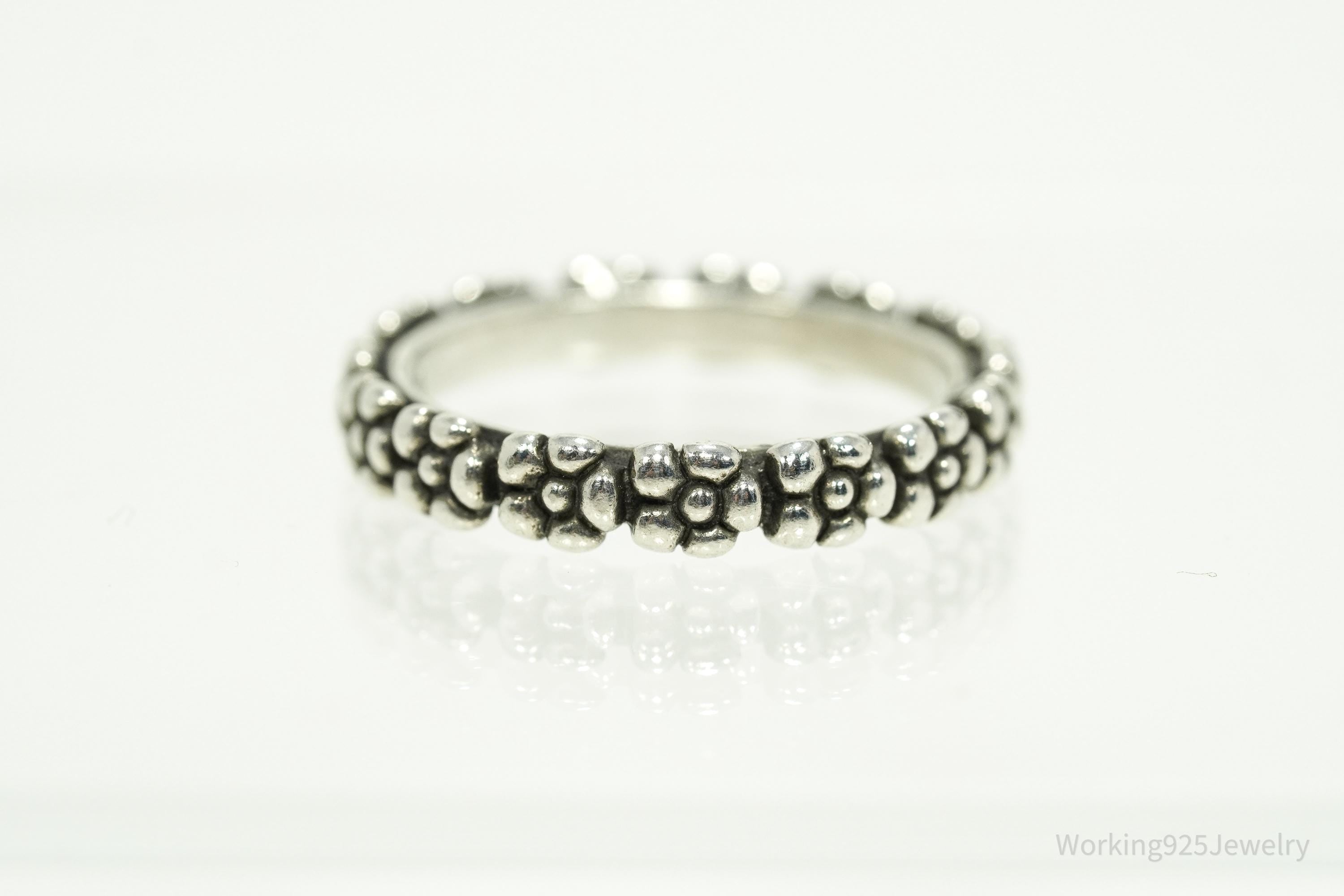 Vintage Flowers Pattern Sterling Silver Band Ring - Size 8.75