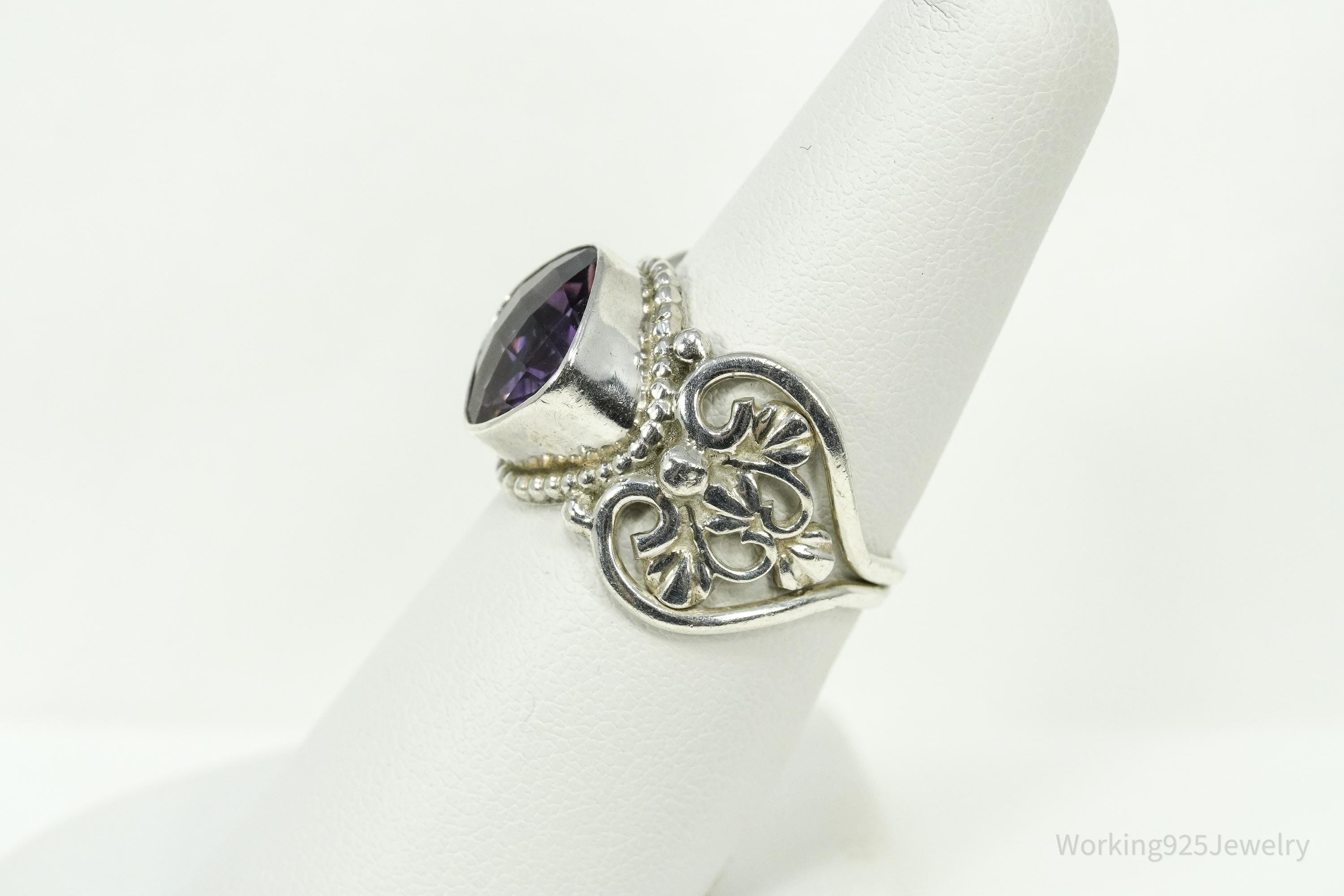 Vintage Nepal Purple Amethyst Sterling Silver Ring Size 7